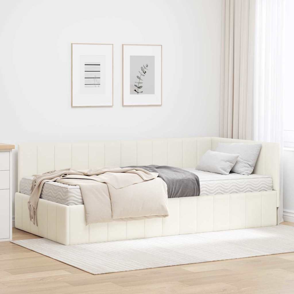 Cadre de lit d'angle avec matelas Crème 90 x 190 cm Velours - XIOS
