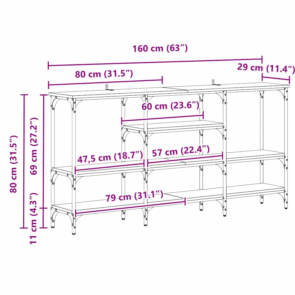 Table console avec étagère chêne artisanal 160 x 29 x 80 cm - XIOS