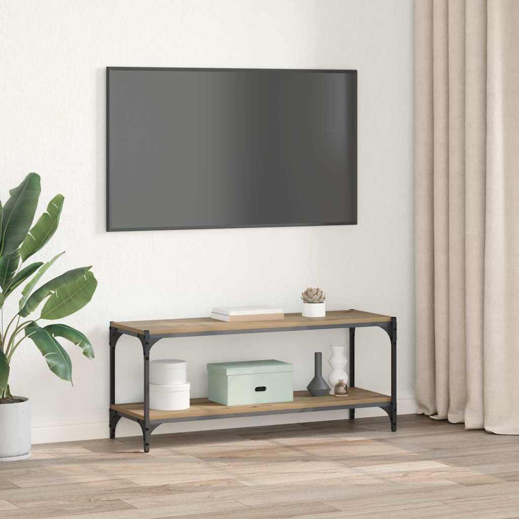 Meuble TV Chêne artisanal 100x33x41cm Bois d'ingénierie et fer - XIOS