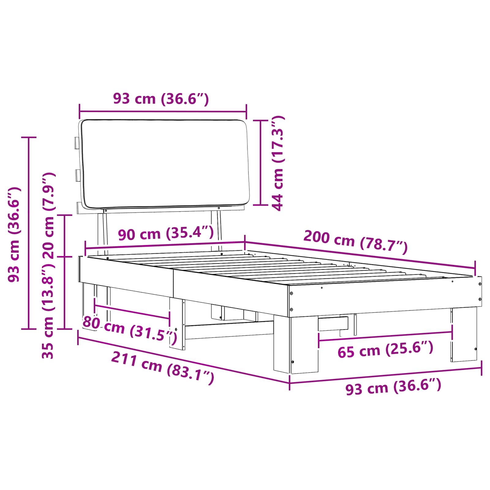 Cadre de lit avec tête de lit rembourrée Taupe 90 x 200 cm - XIOS
