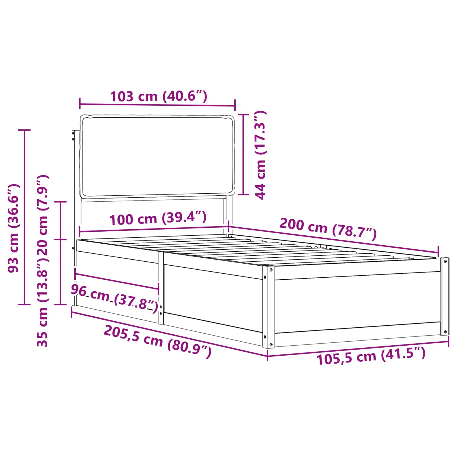 Cadre de lit avec tête de lit rembourrée Taupe 100 x 200 cm - XIOS