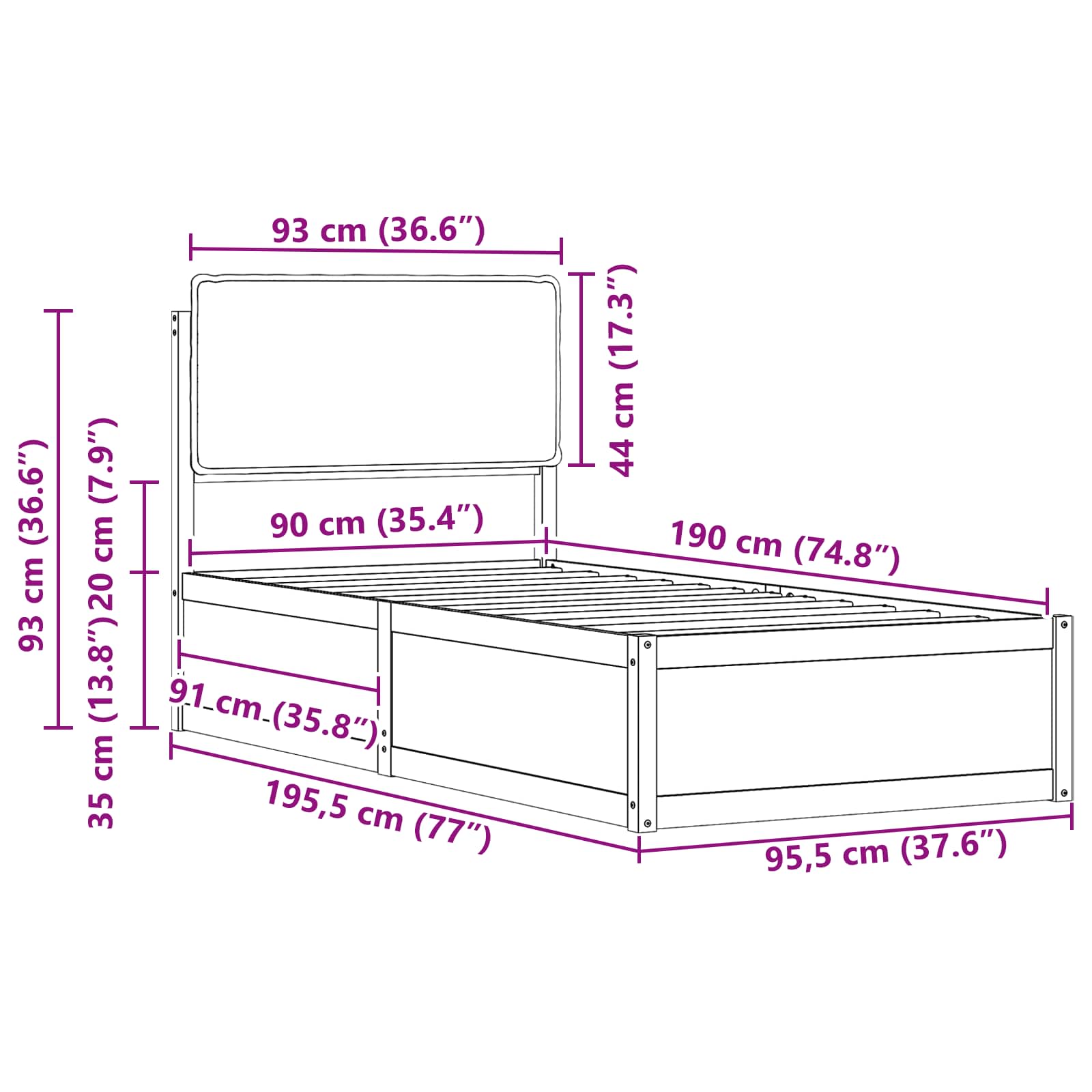 Cadre de lit avec tête de lit rembourrée Taupe 90 x 190 cm - XIOS