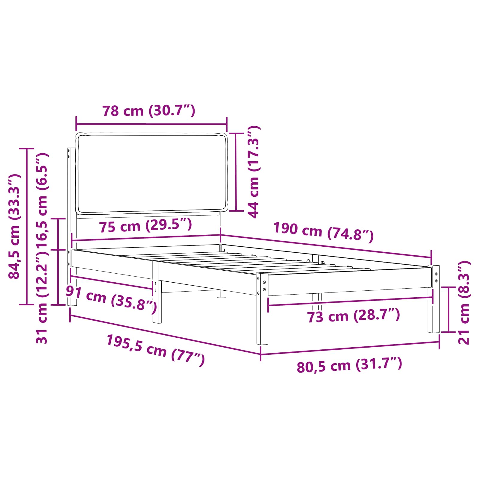 Cadre de lit avec tête de lit rembourrée Taupe 75 x 190 cm - XIOS