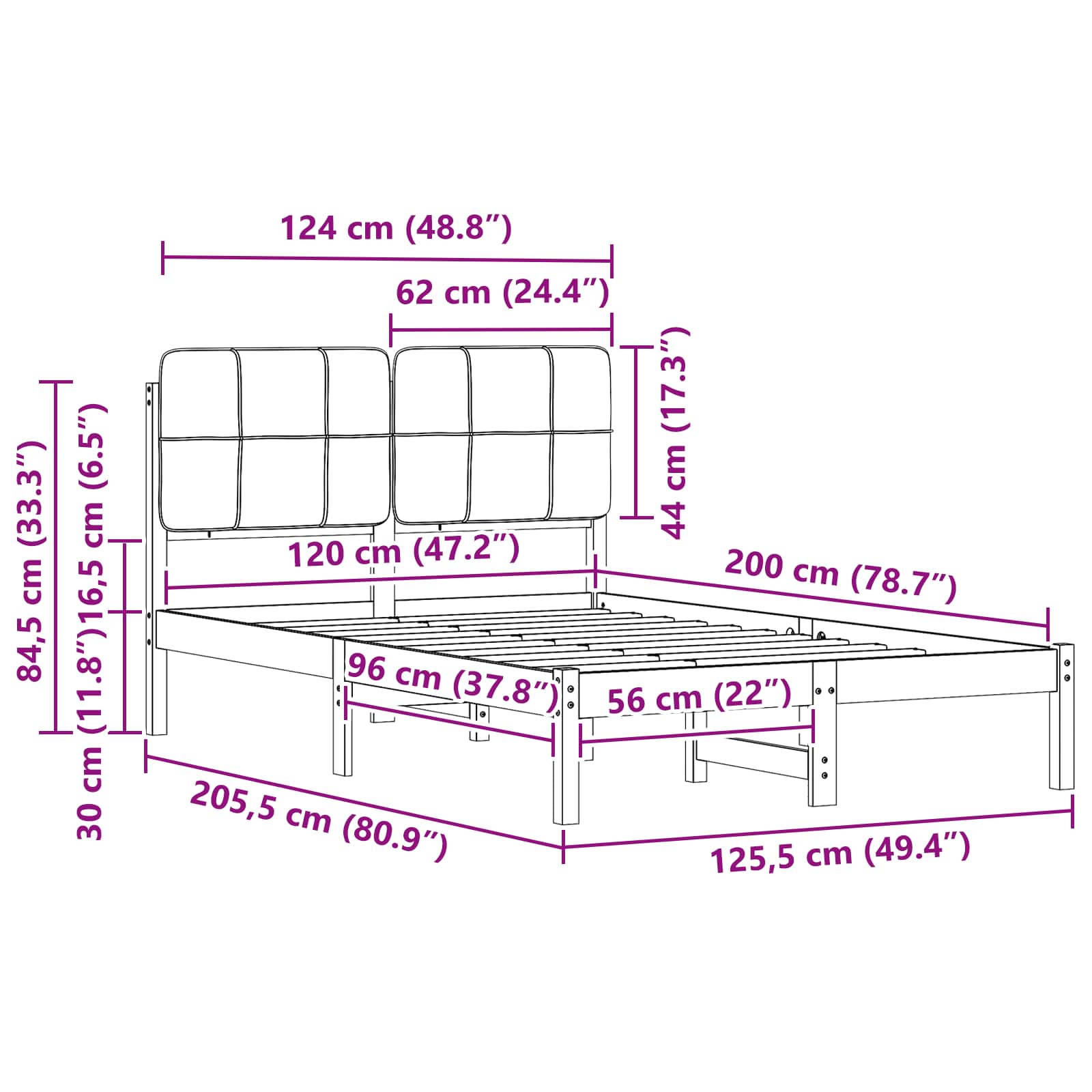 Cadre de lit avec tête de lit rembourrée Taupe 120 x 200 cm - XIOS