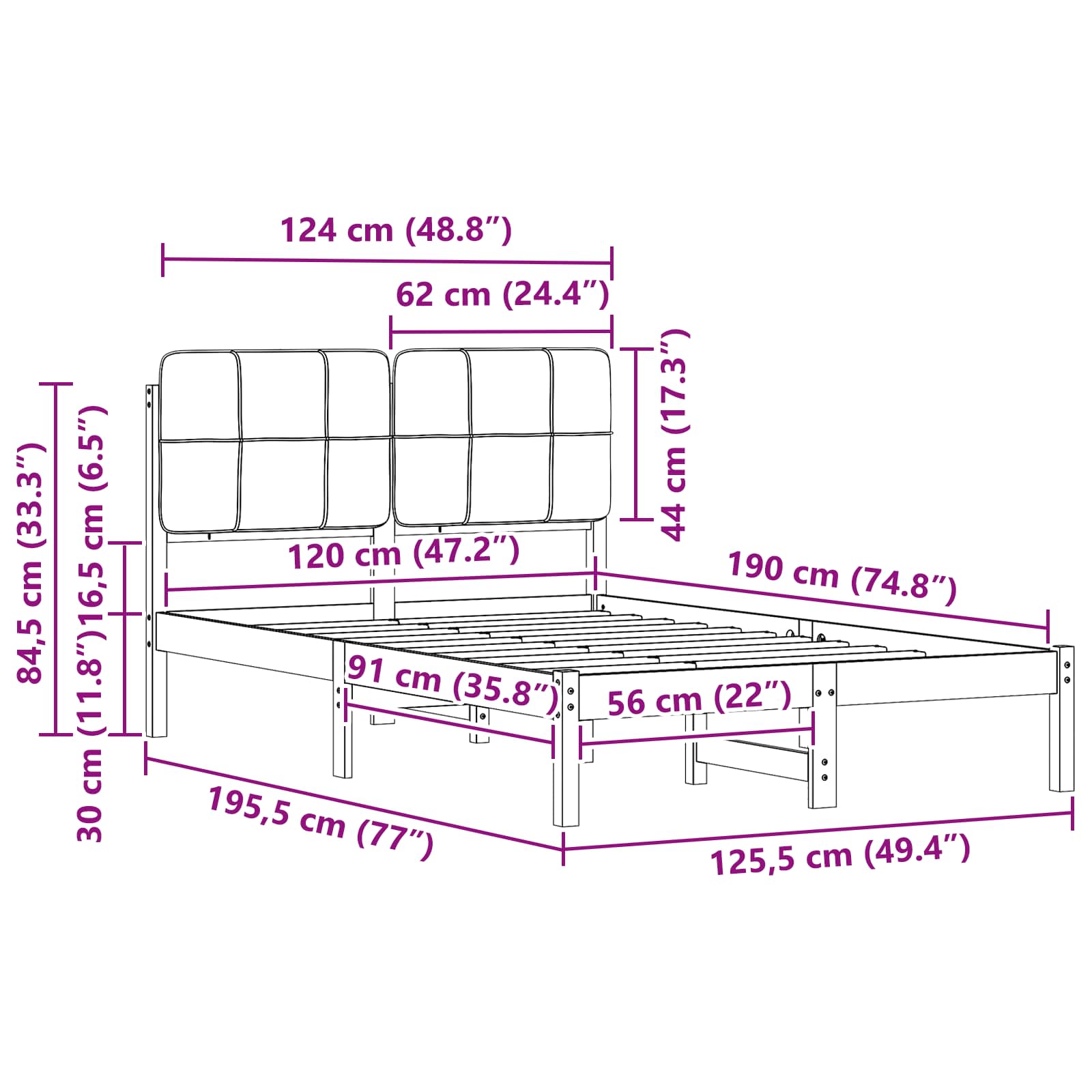 Cadre de lit avec tête de lit rembourrée Taupe 120 x 190 cm - XIOS