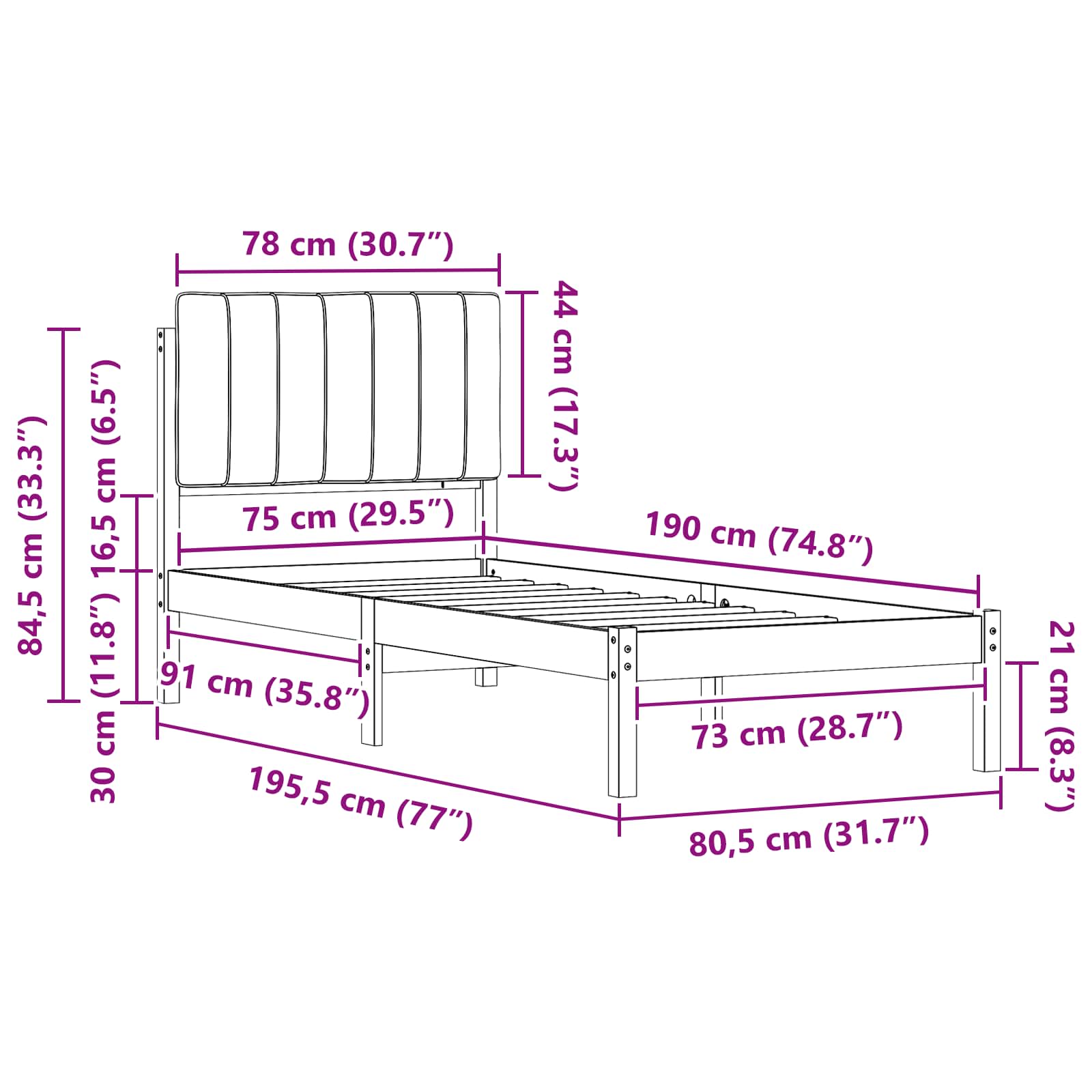 Cadre de lit avec tête de lit rembourrée Gris clair 75 x 190 cm