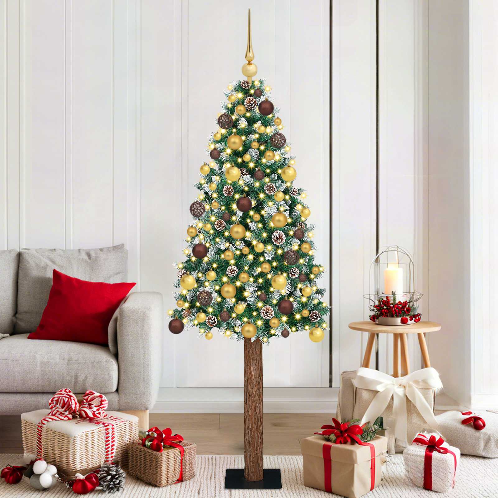 Sapin de Noël mince Vert 180 cm PVC et bois de pin massif