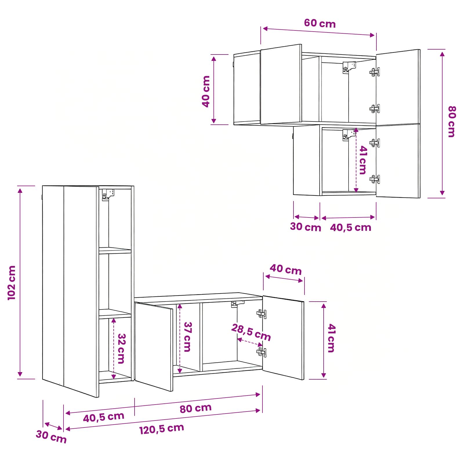 Meuble TV 4 pc Bois Ancien Bois d'ingénierie
