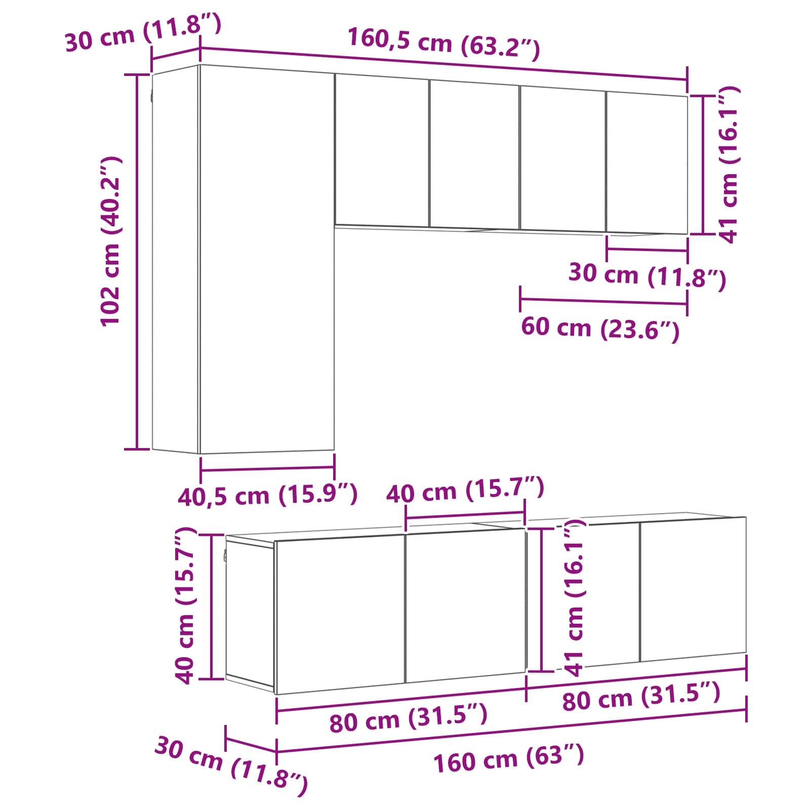 Unité murale de TV 5 pcs Bois Ancien Bois d'ingénierie - XIOS