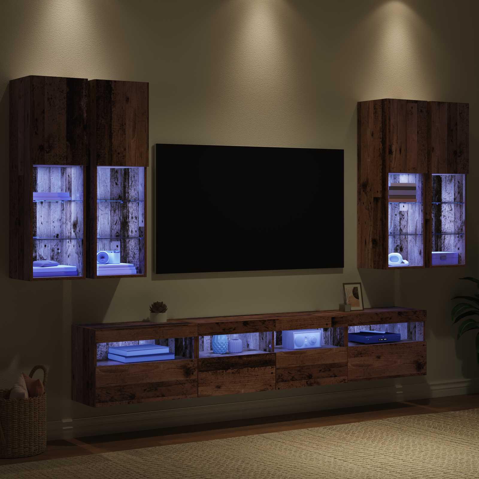 Ensemble de meuble TV mural avec éclairage LED 7 pc Bois ancien