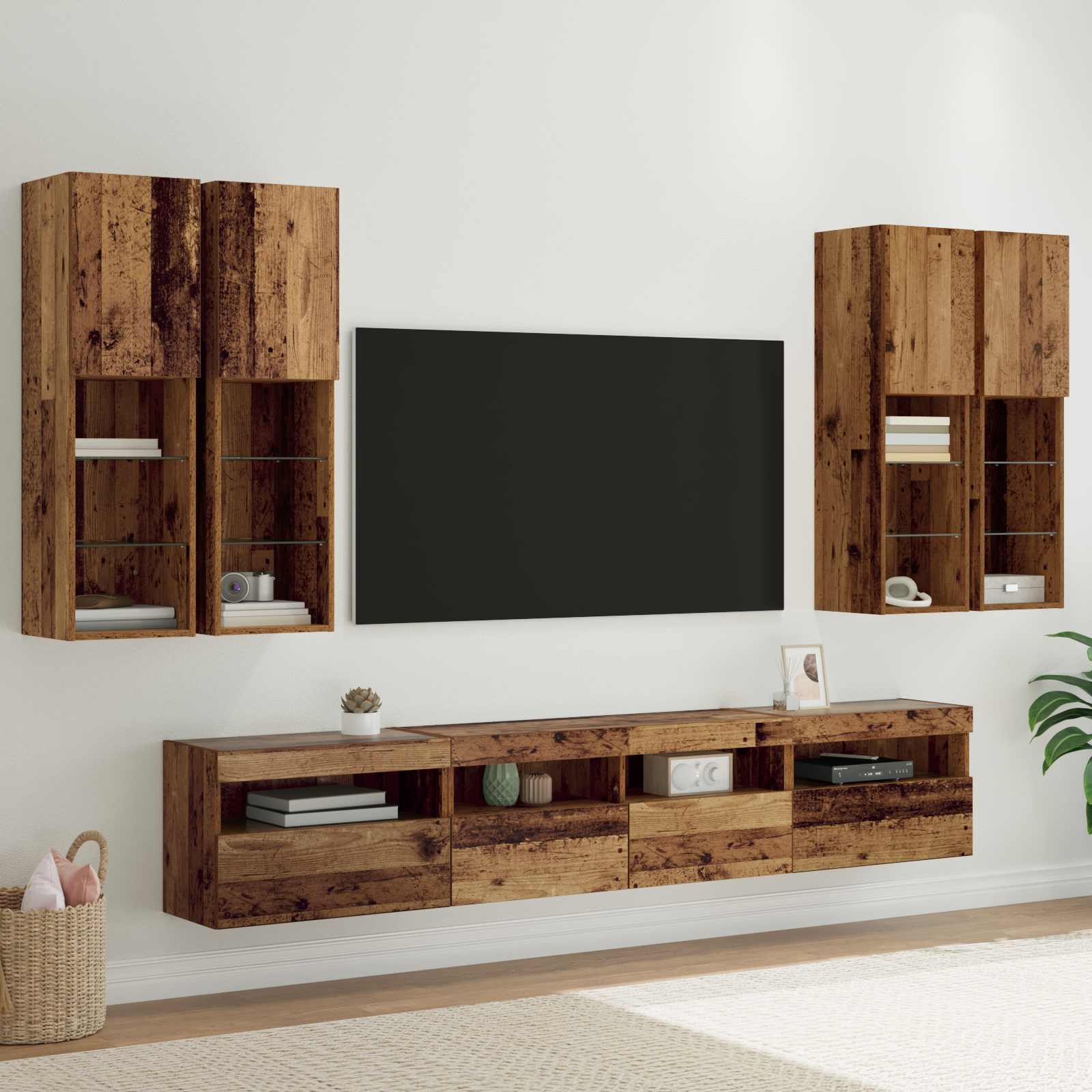 Ensemble de meuble TV mural avec éclairage LED 7 pc Bois ancien