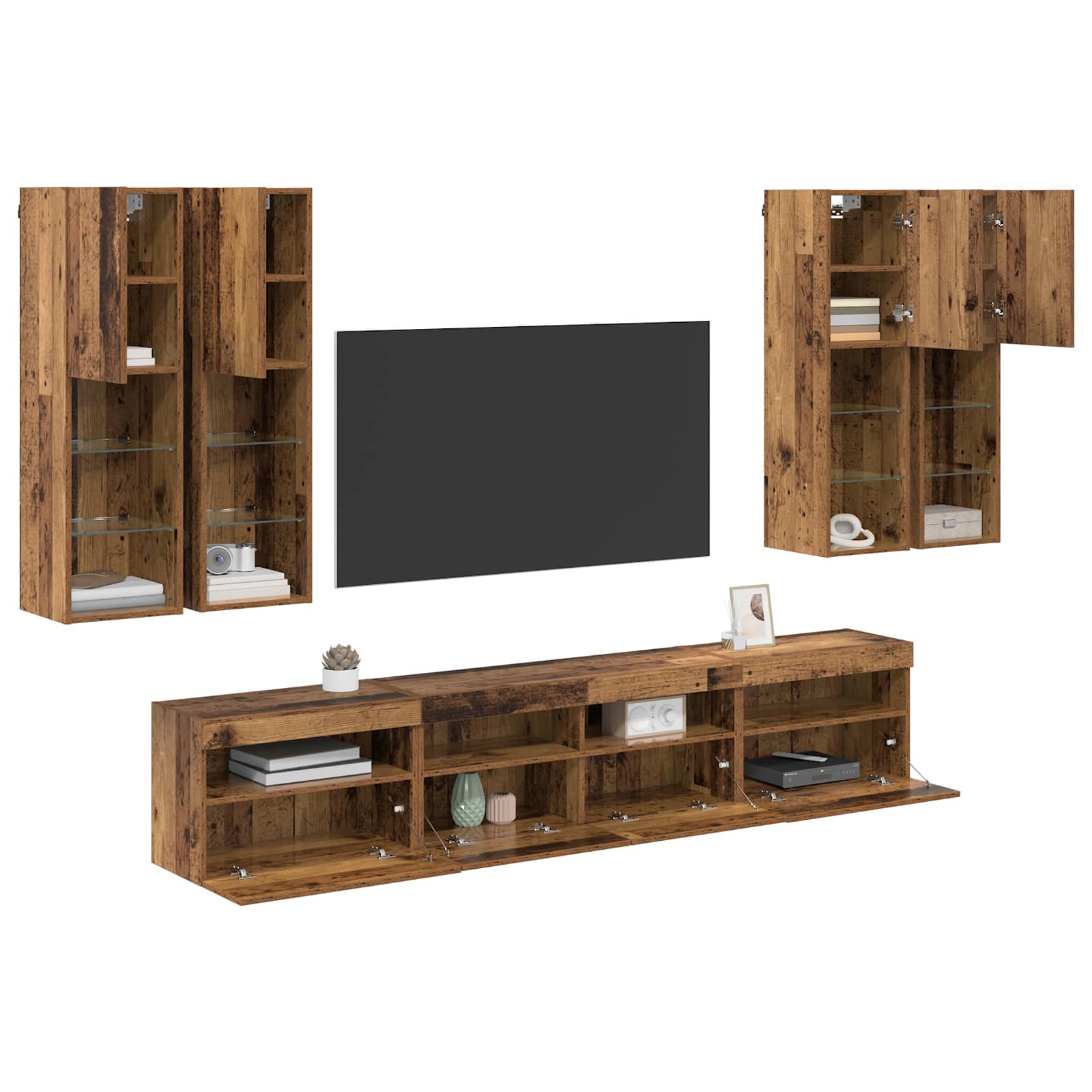 Ensemble de meuble TV mural avec éclairage LED 7 pc Bois ancien