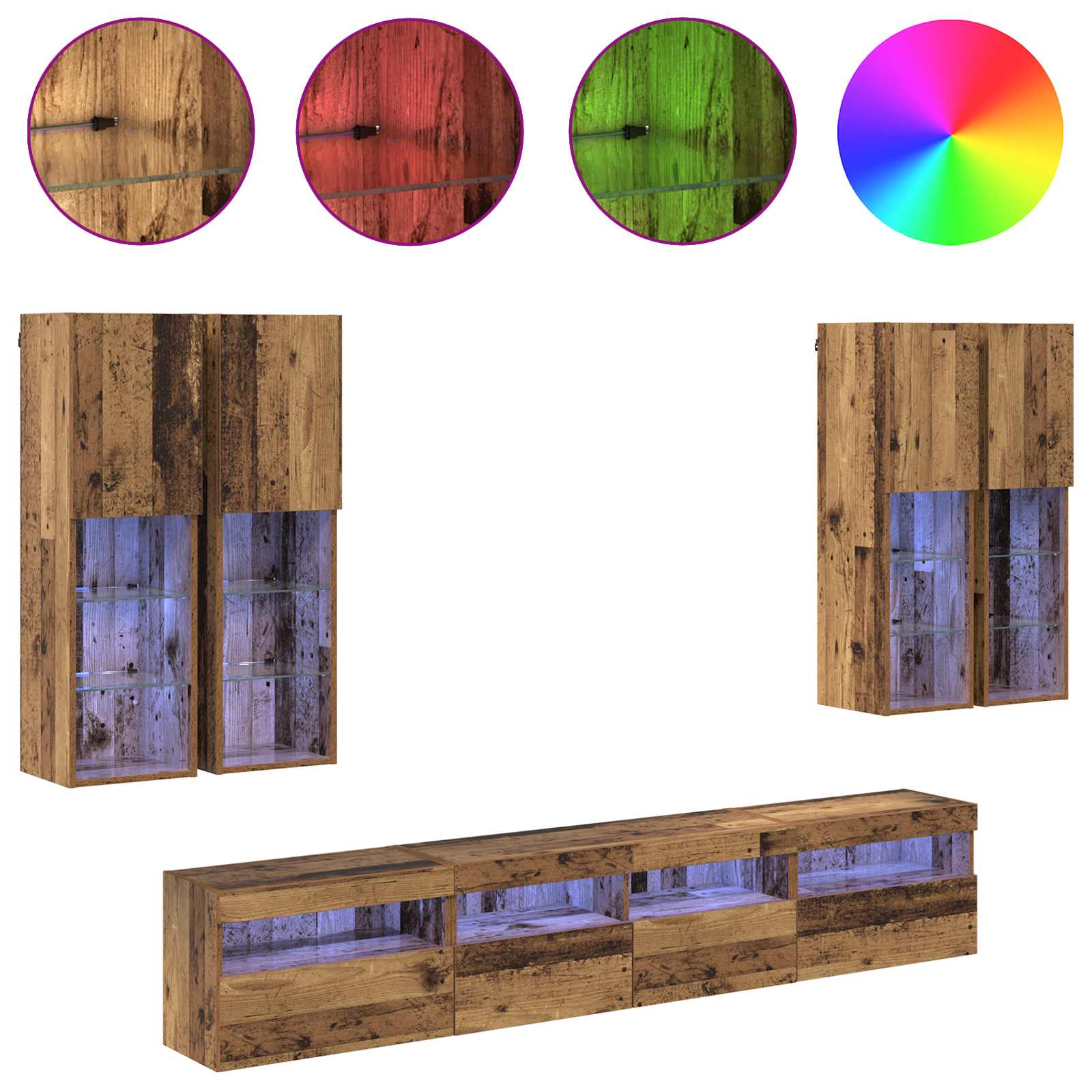Ensemble de meuble TV mural avec éclairage LED 7 pc Bois ancien