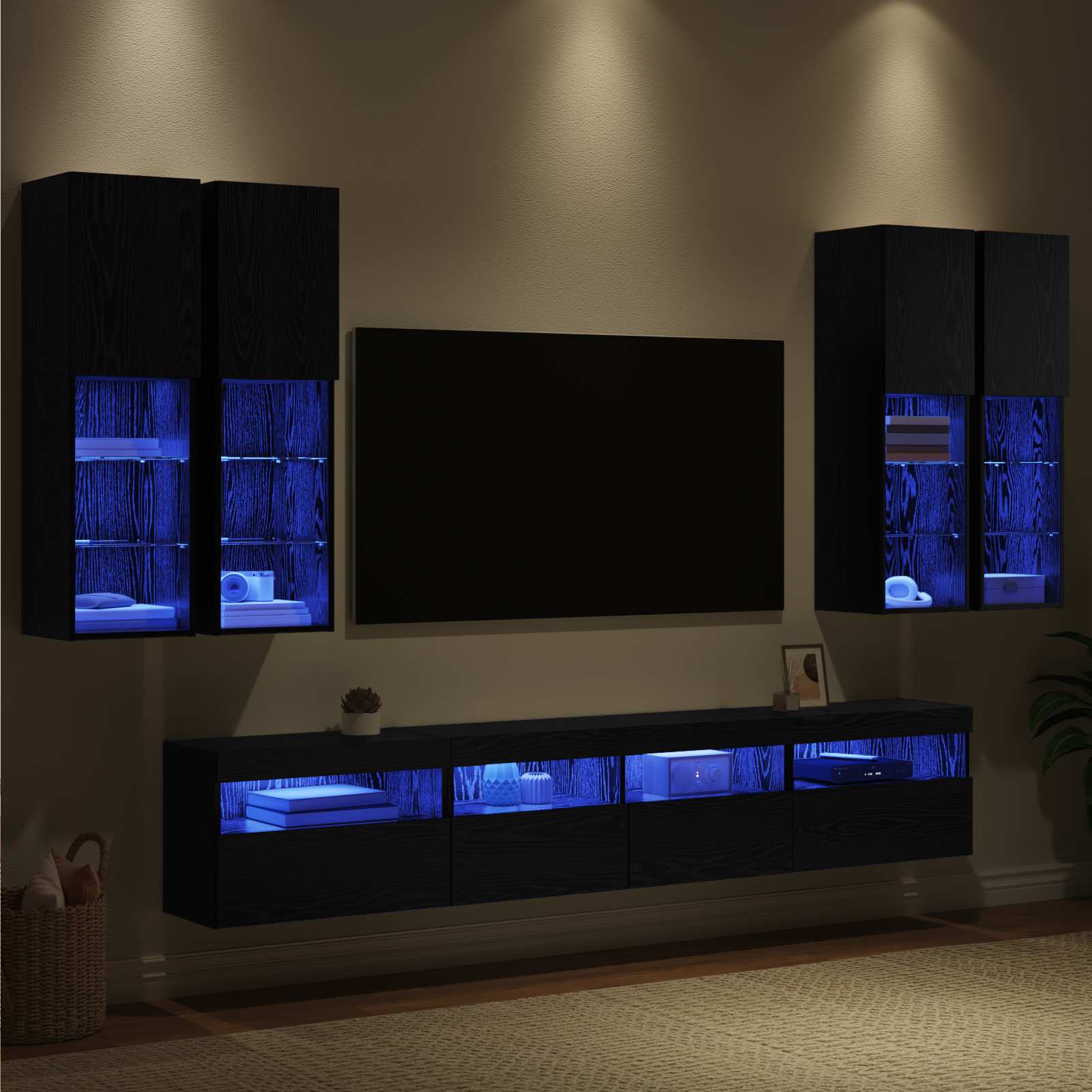 Ensemble de meuble TV mural avec éclairage LED 7 pc Chêne noir