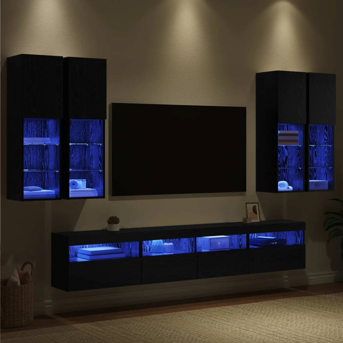 Ensemble de meuble TV mural avec éclairage LED 7 pc Chêne noir - XIOS