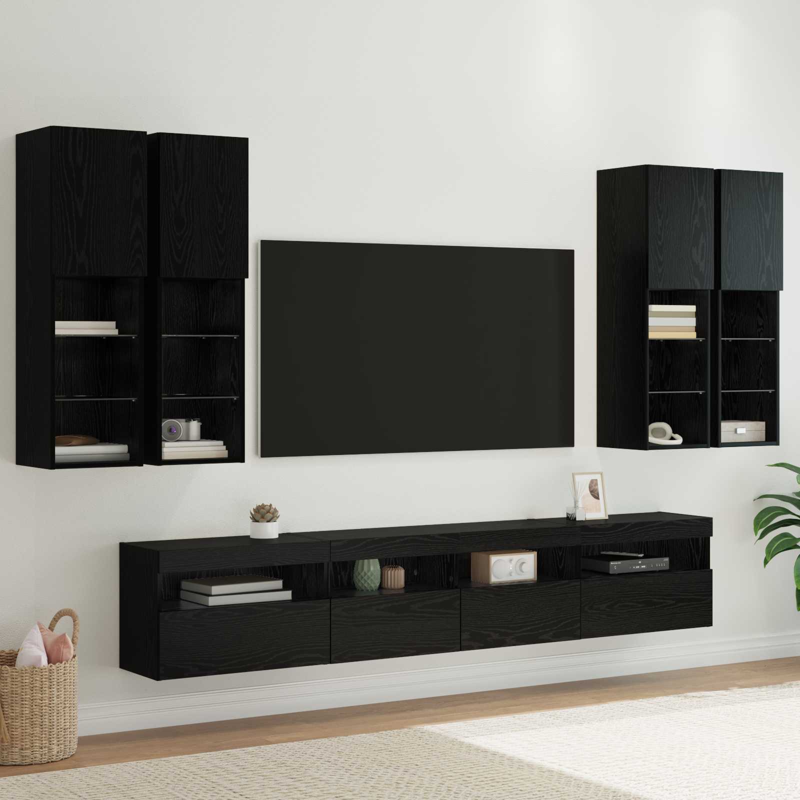 Ensemble de meuble TV mural avec éclairage LED 7 pc Chêne noir