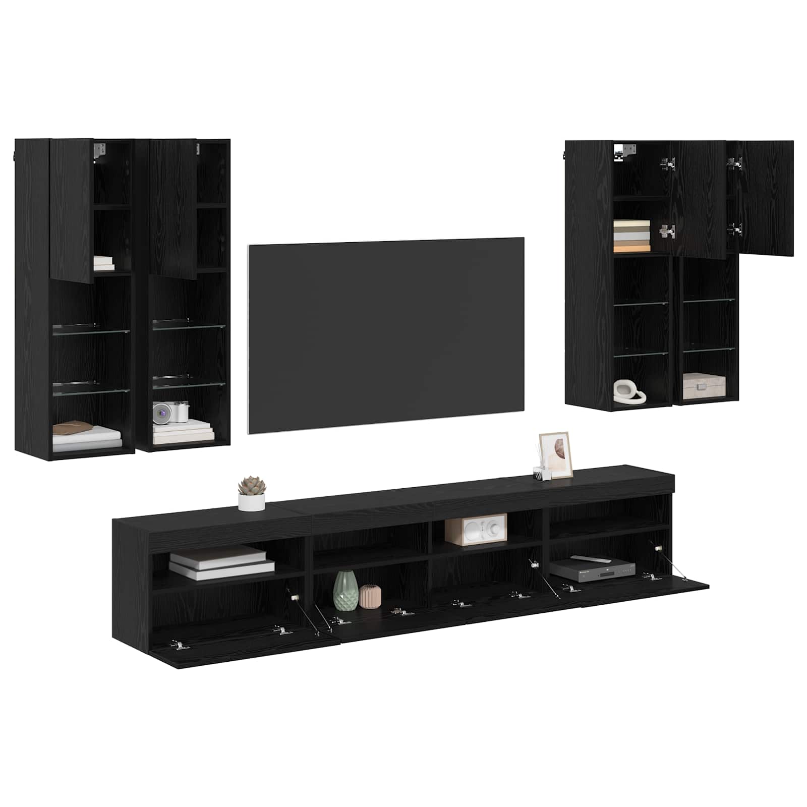 Ensemble de meuble TV mural avec éclairage LED 7 pc Chêne noir