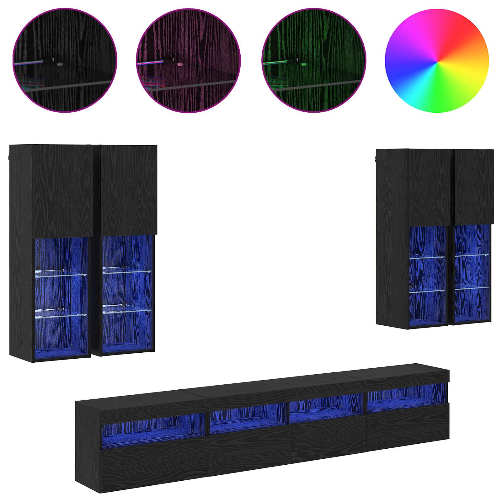 Ensemble de meuble TV mural avec éclairage LED 7 pc Chêne noir