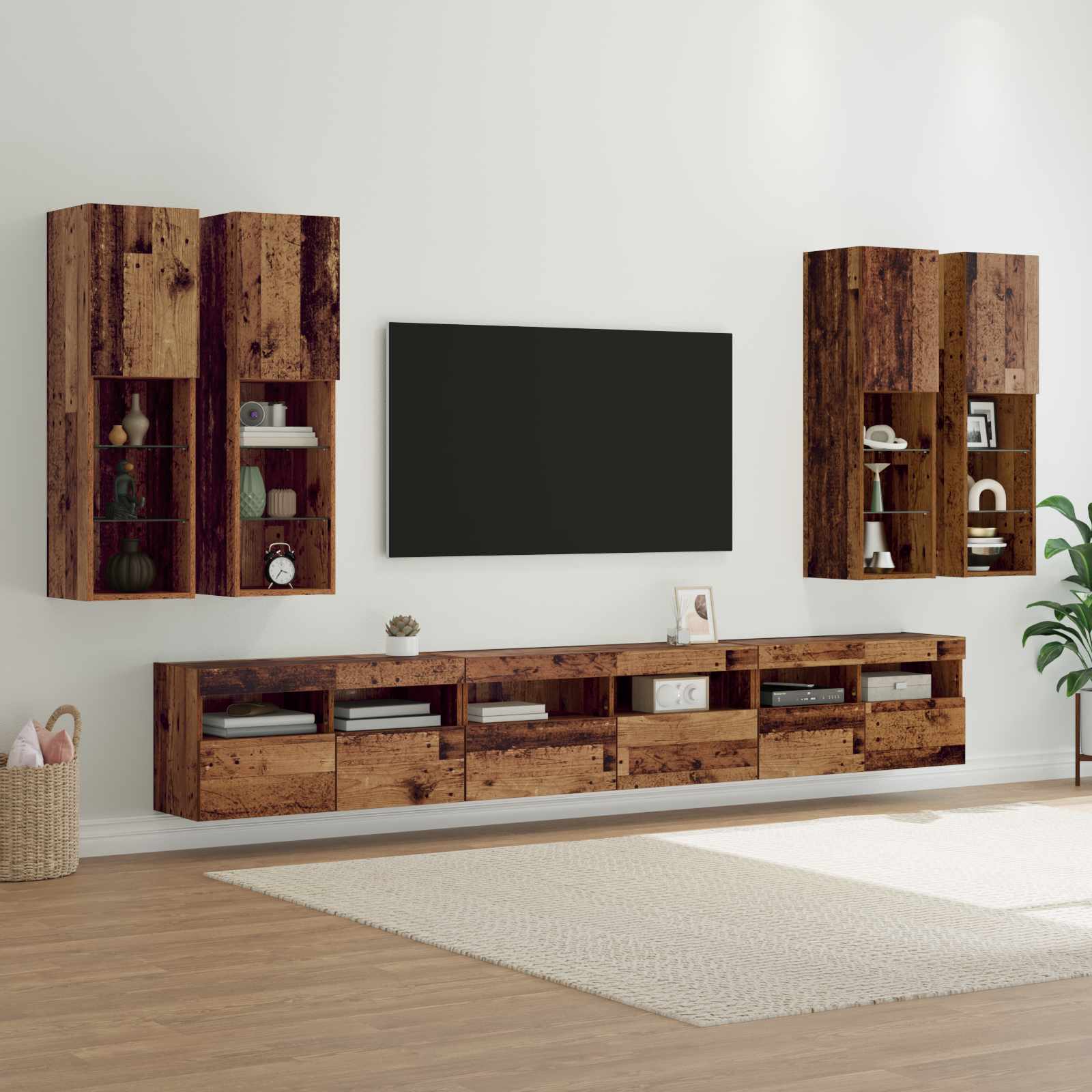 Ensemble de meuble TV mural 7 pc Bois Ancien Bois d'ingénierie