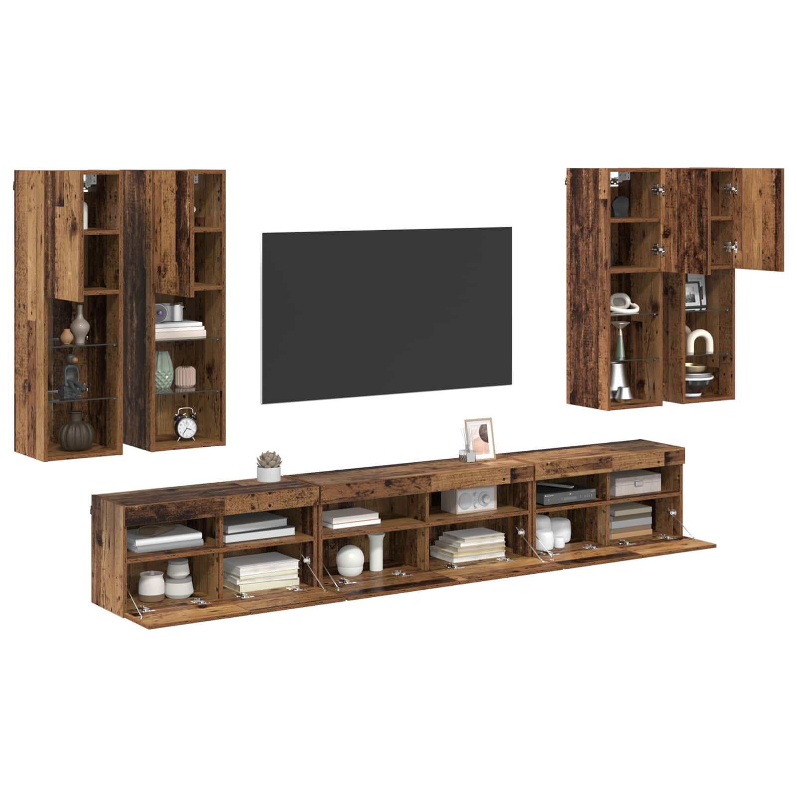 Ensemble de meuble TV mural 7 pc Bois Ancien Bois d'ingénierie