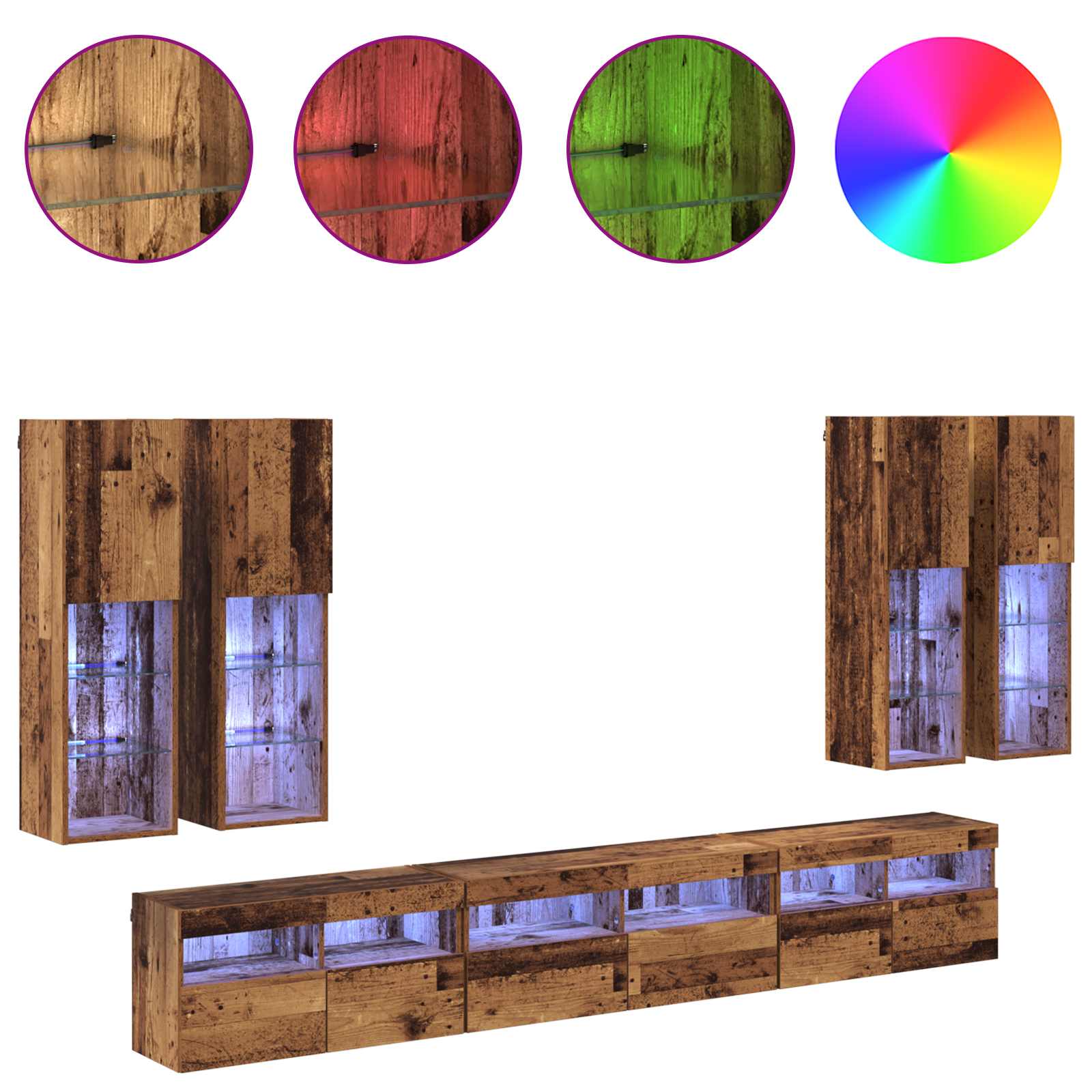 Ensemble de meuble TV mural 7 pc Bois Ancien Bois d'ingénierie