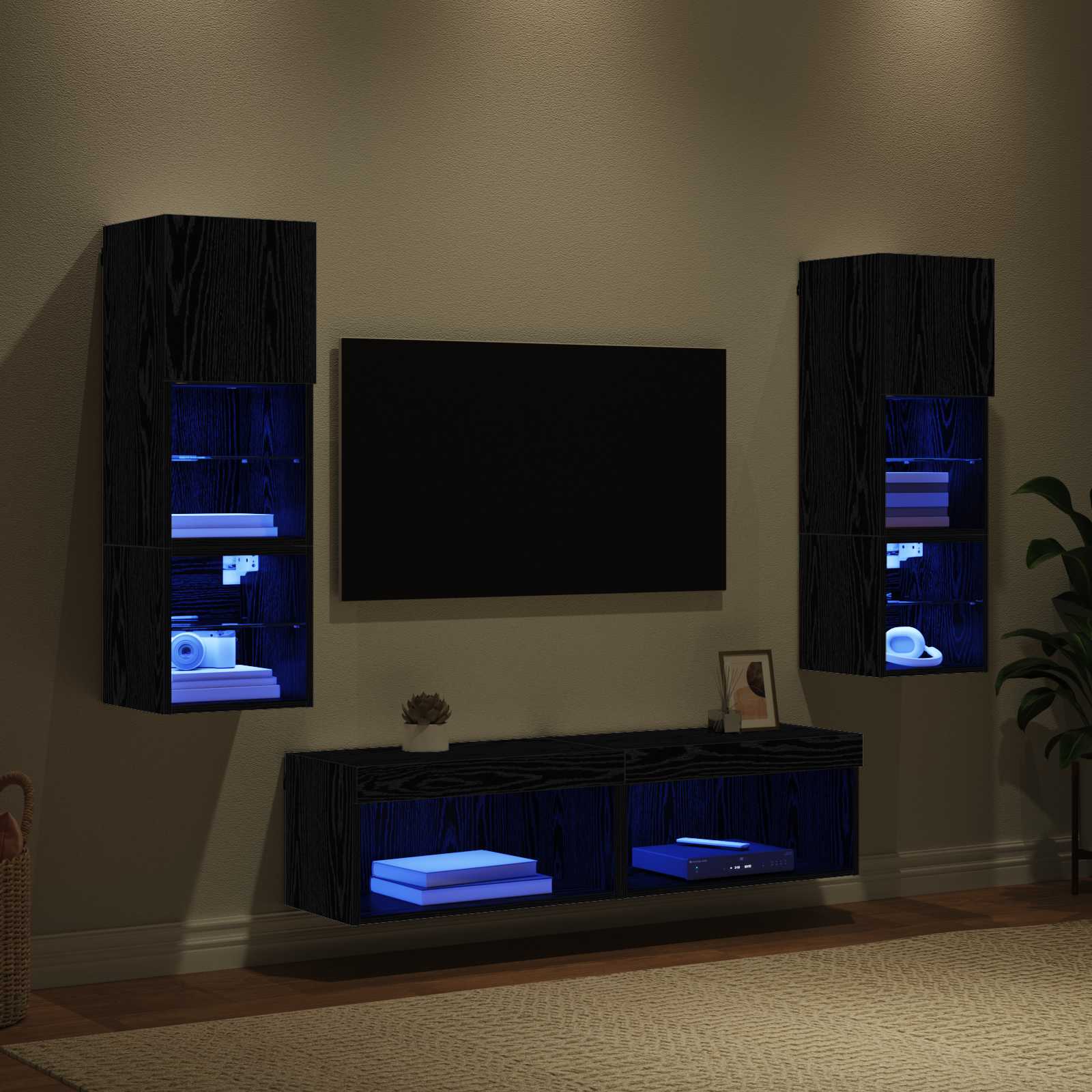 Unité murale de TV 6 pcs Chêne noir Bois d'ingénierie - XIOS