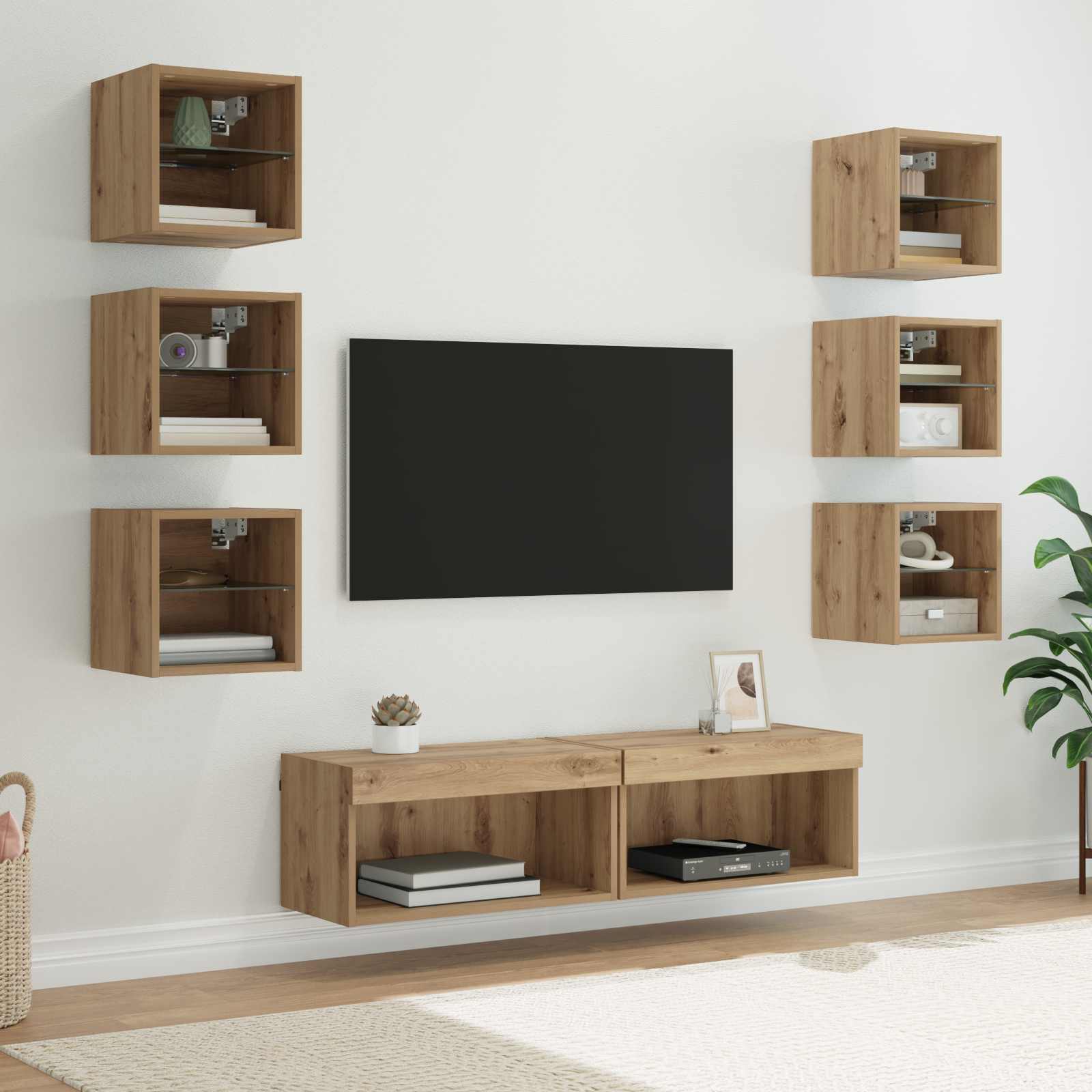 Meuble TV avec des lumières à LED 8 pcs Chêne artisanal Verre - XIOS