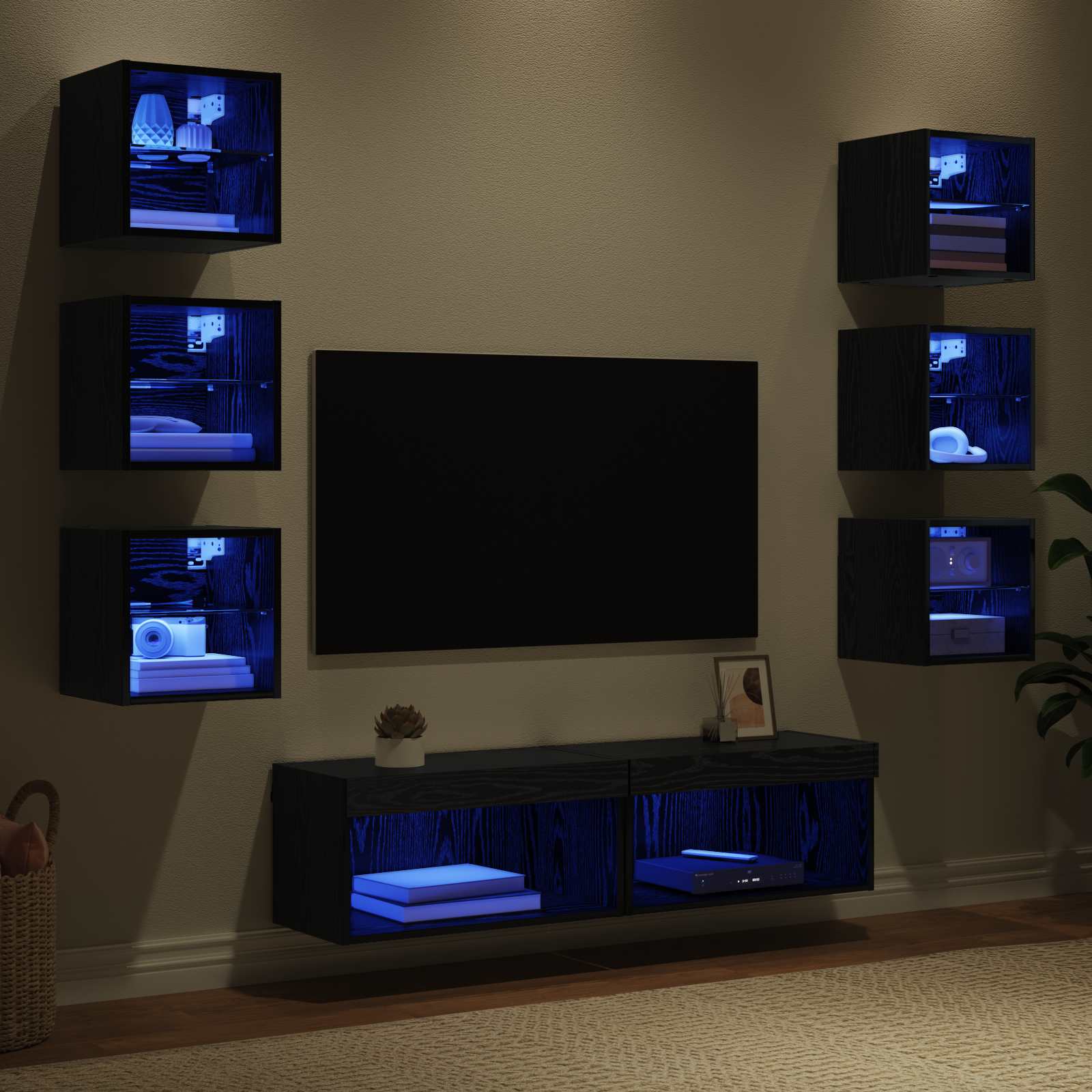 Meuble TV 8 pc Chêne noir Verre
