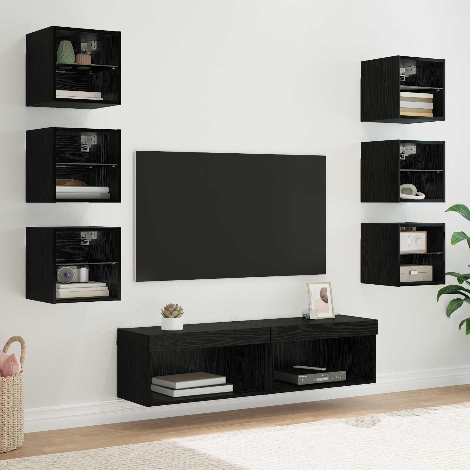 Meuble TV 8 pc Chêne noir Verre