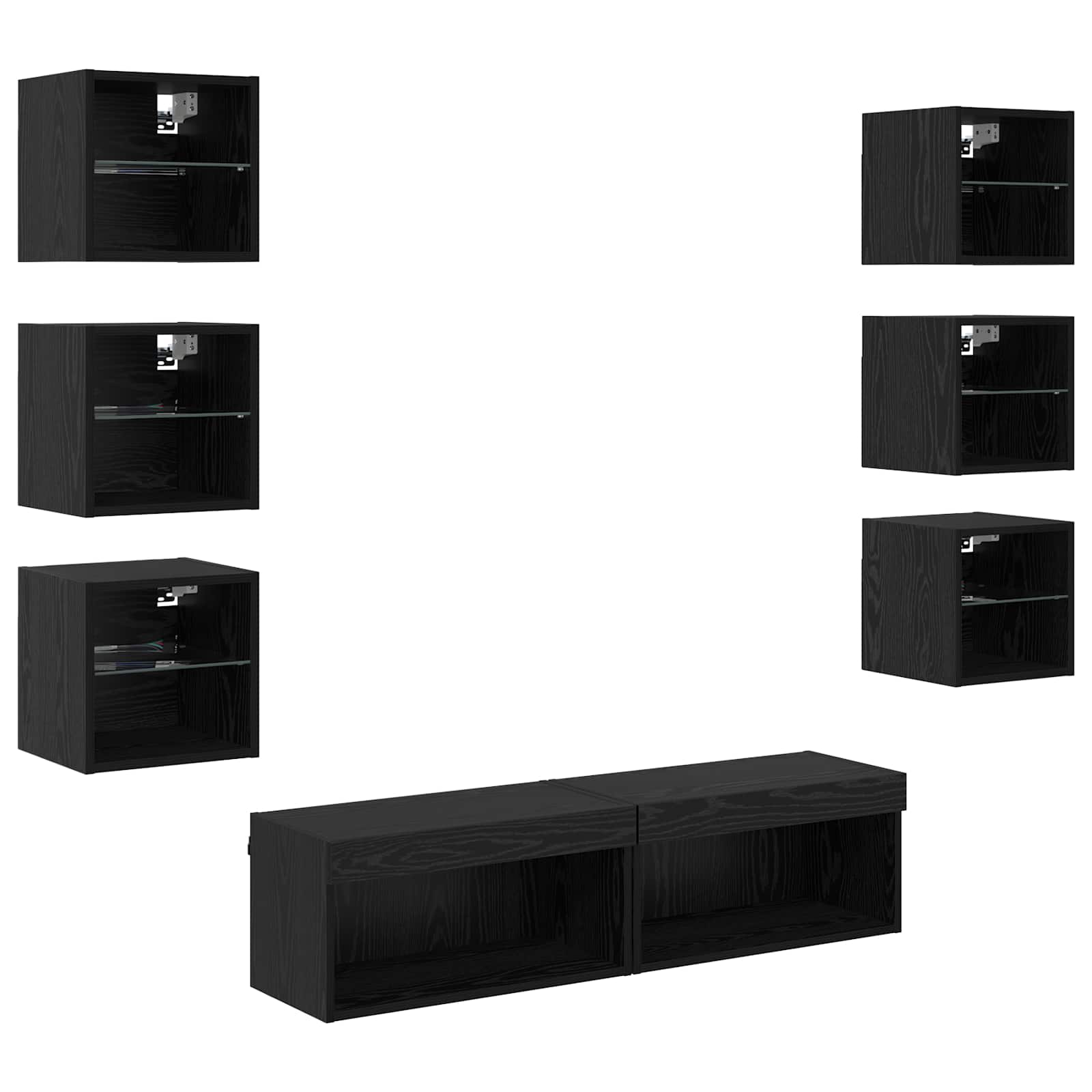 Meuble TV 8 pc Chêne noir Verre