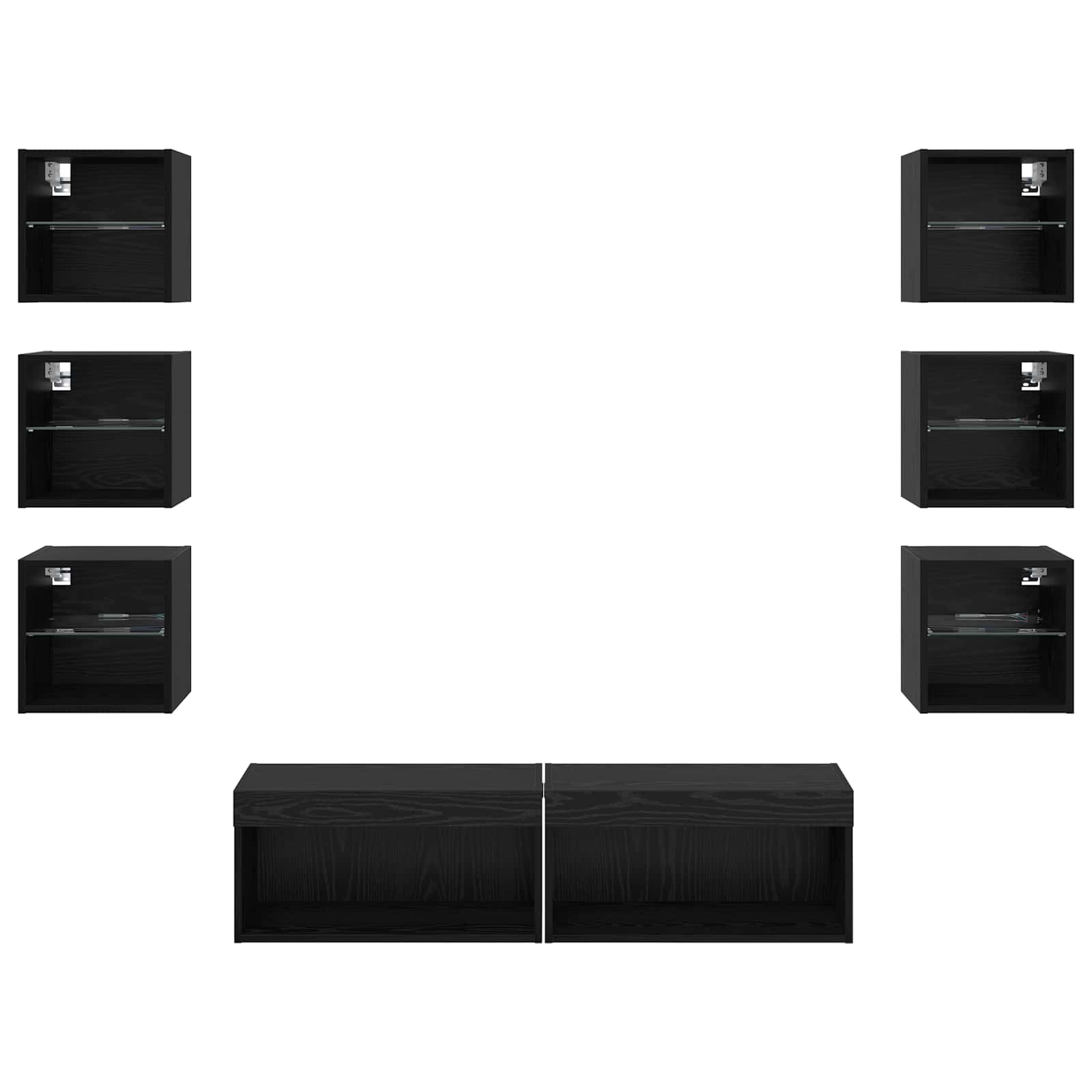 Meuble TV 8 pc Chêne noir Verre