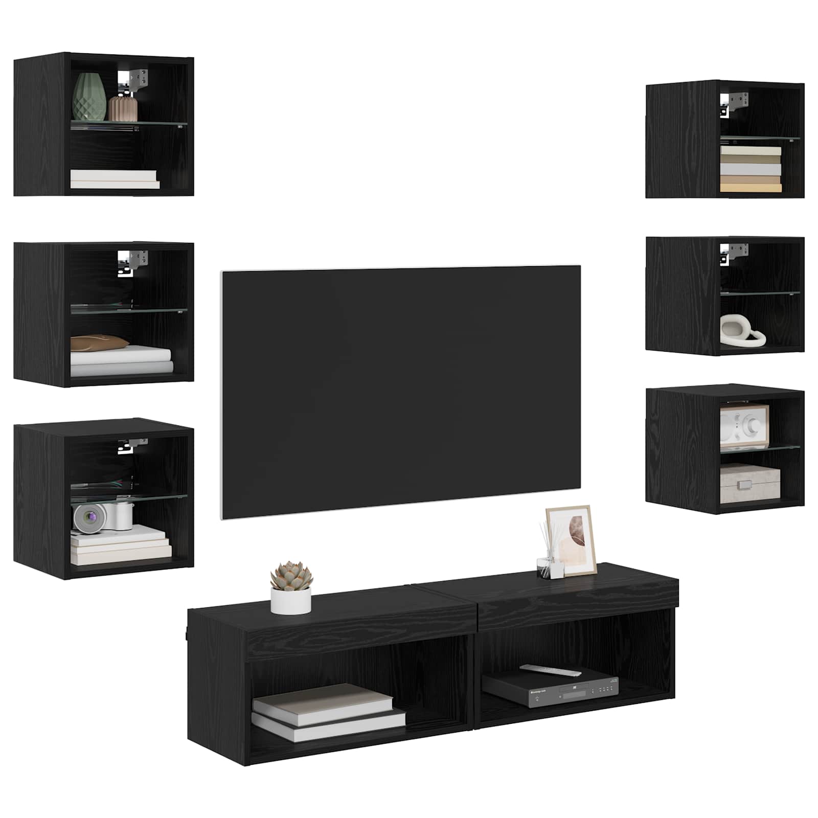 Meuble TV 8 pc Chêne noir Verre
