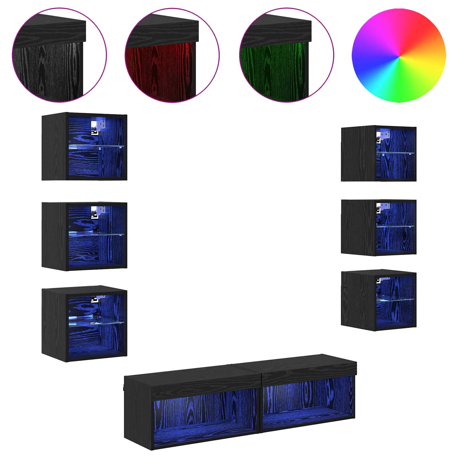 Meuble TV 8 pc Chêne noir Verre
