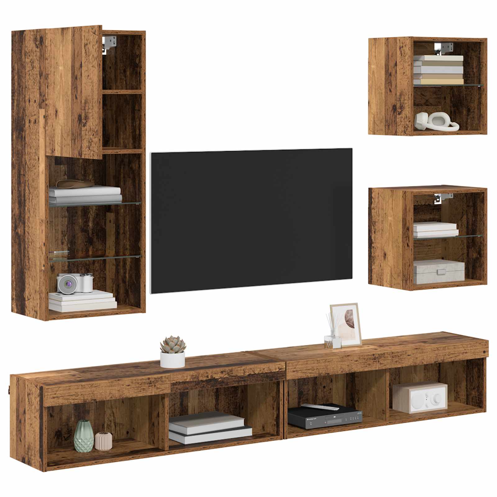 Unités murales TV avec LED 5 pcs Bois Ancien Bois d'ingénierie - XIOS