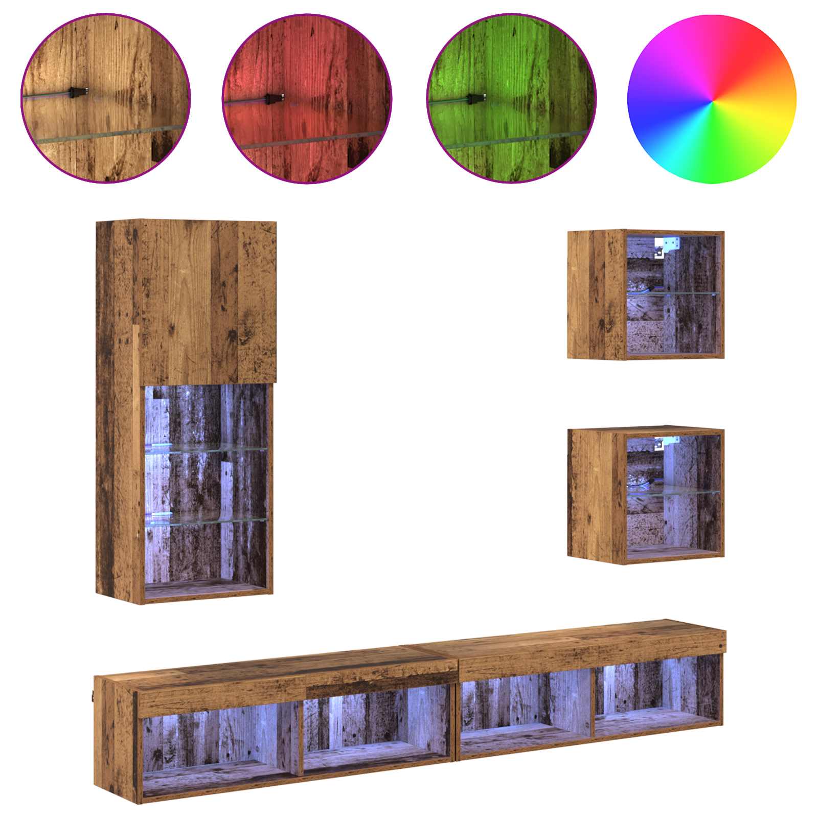 Unités murales TV avec LED 5 pcs Bois Ancien Bois d'ingénierie - XIOS