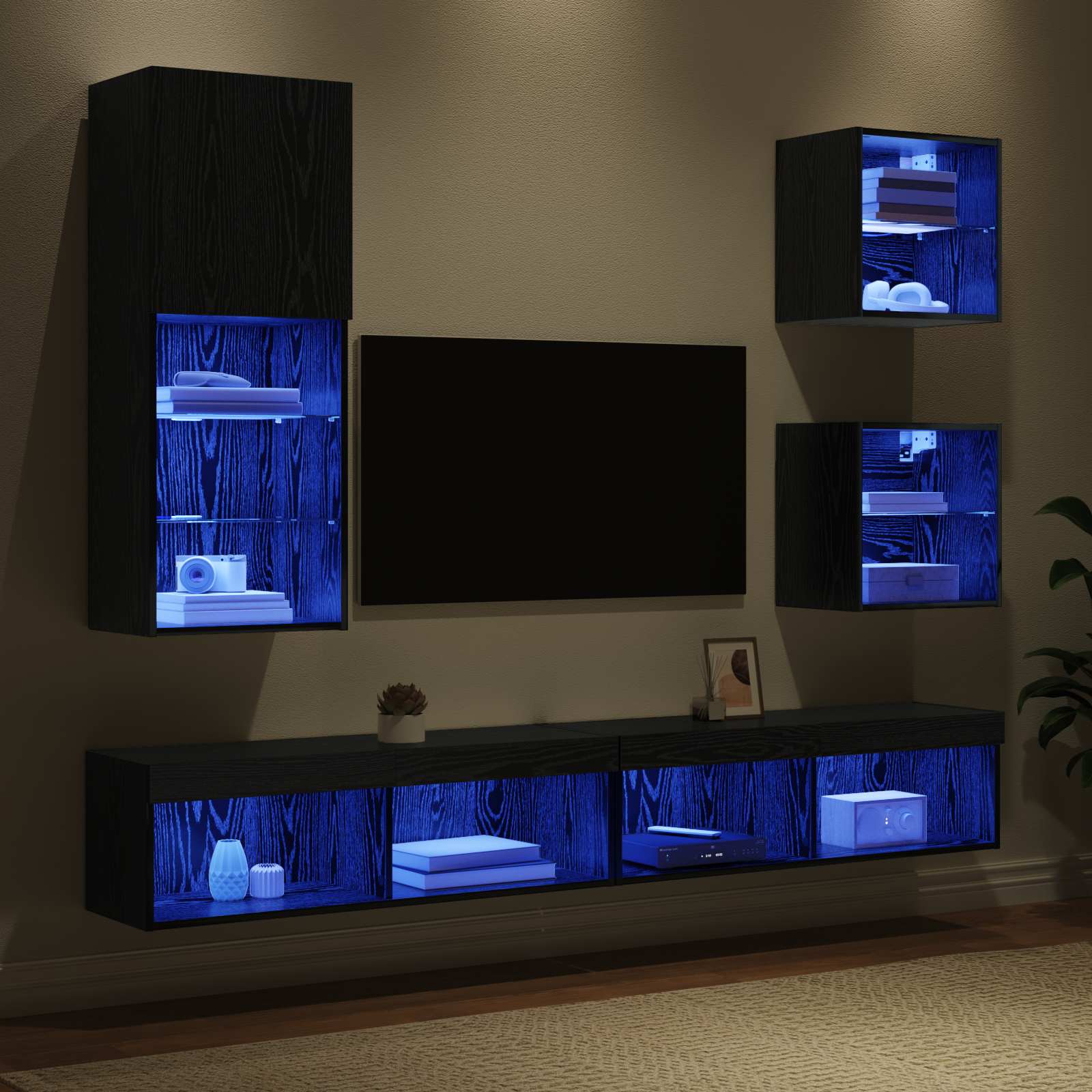 Unités murales TV avec LED 5 pcs Chêne noir Bois d'ingénierie - XIOS