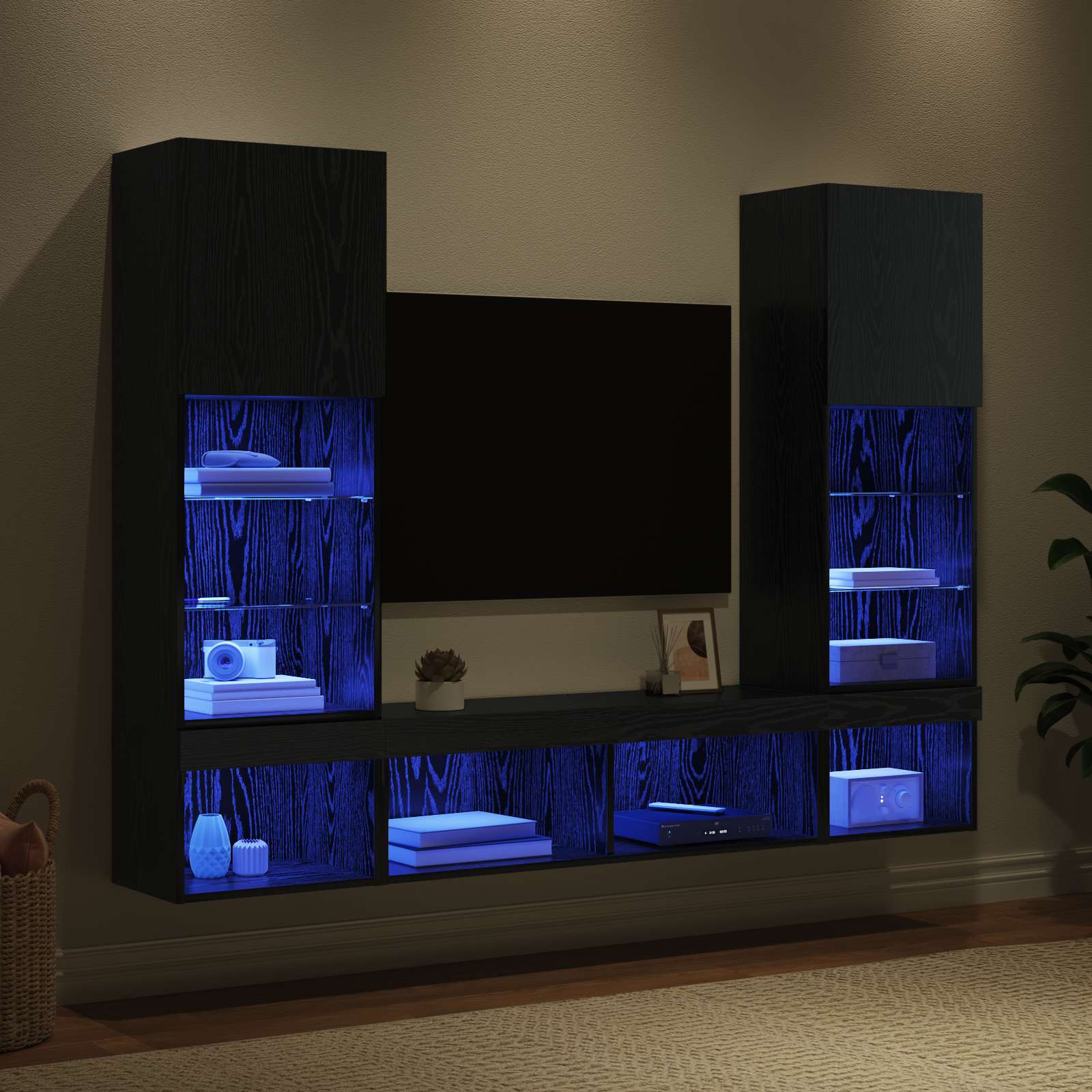 Unités murales TV avec LED 5 pcs Chêne noir 40,5 x 30 x 102 cm - XIOS