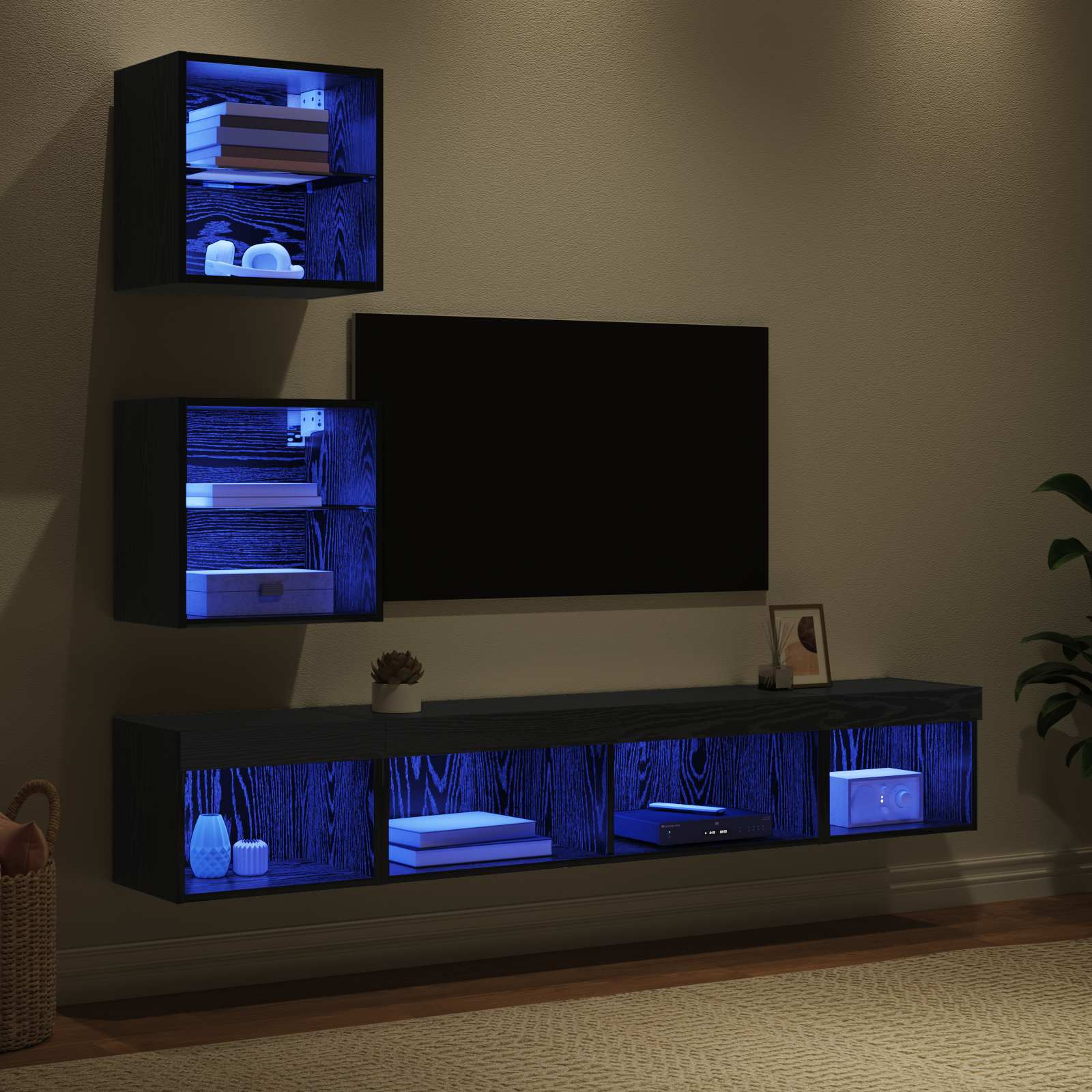 Unités murales TV avec LED 5 pcs Chêne noir 100 x 30 x 30 cm - XIOS