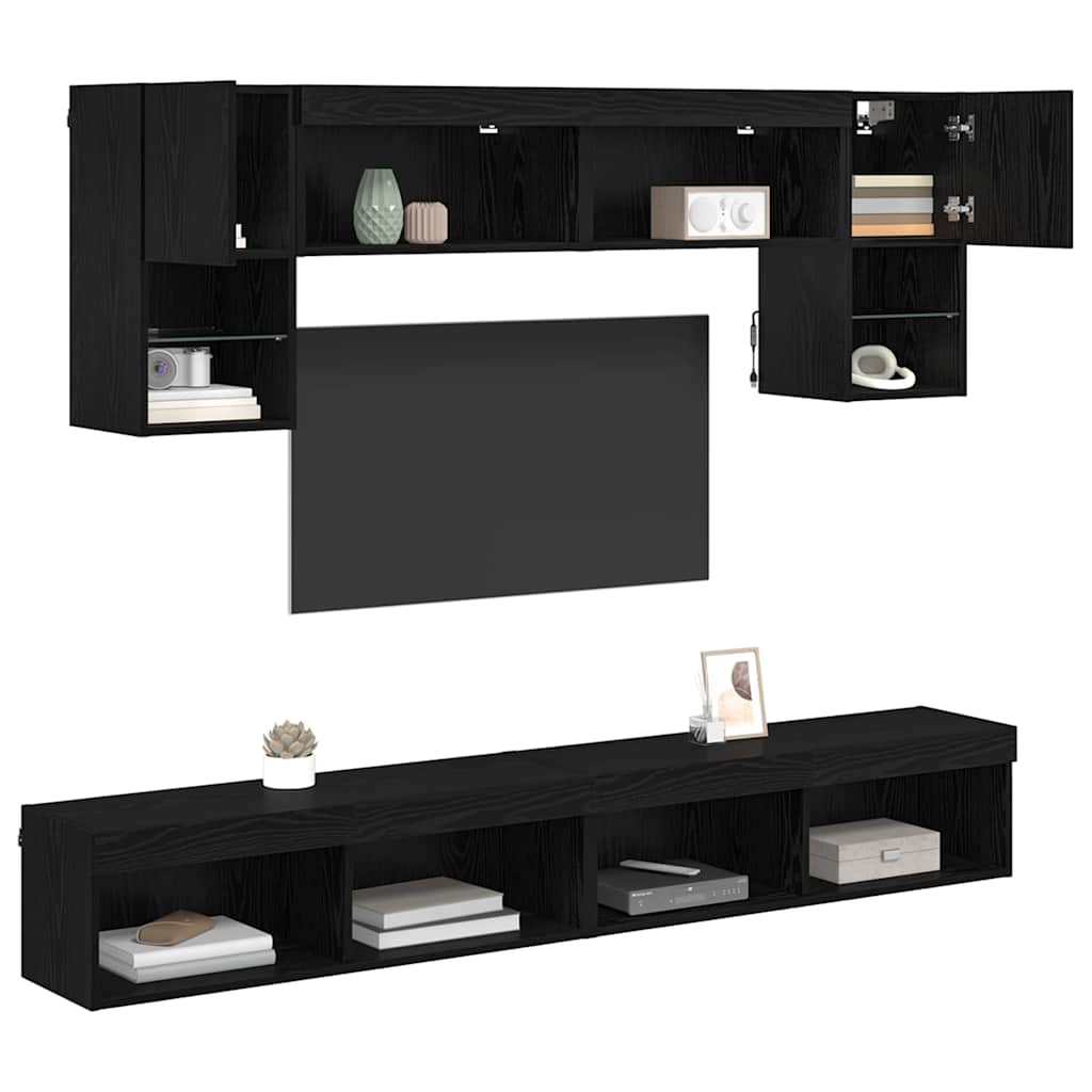 Unités murales TV avec LED 6 pcs Chêne noir Bois d'ingénierie - XIOS