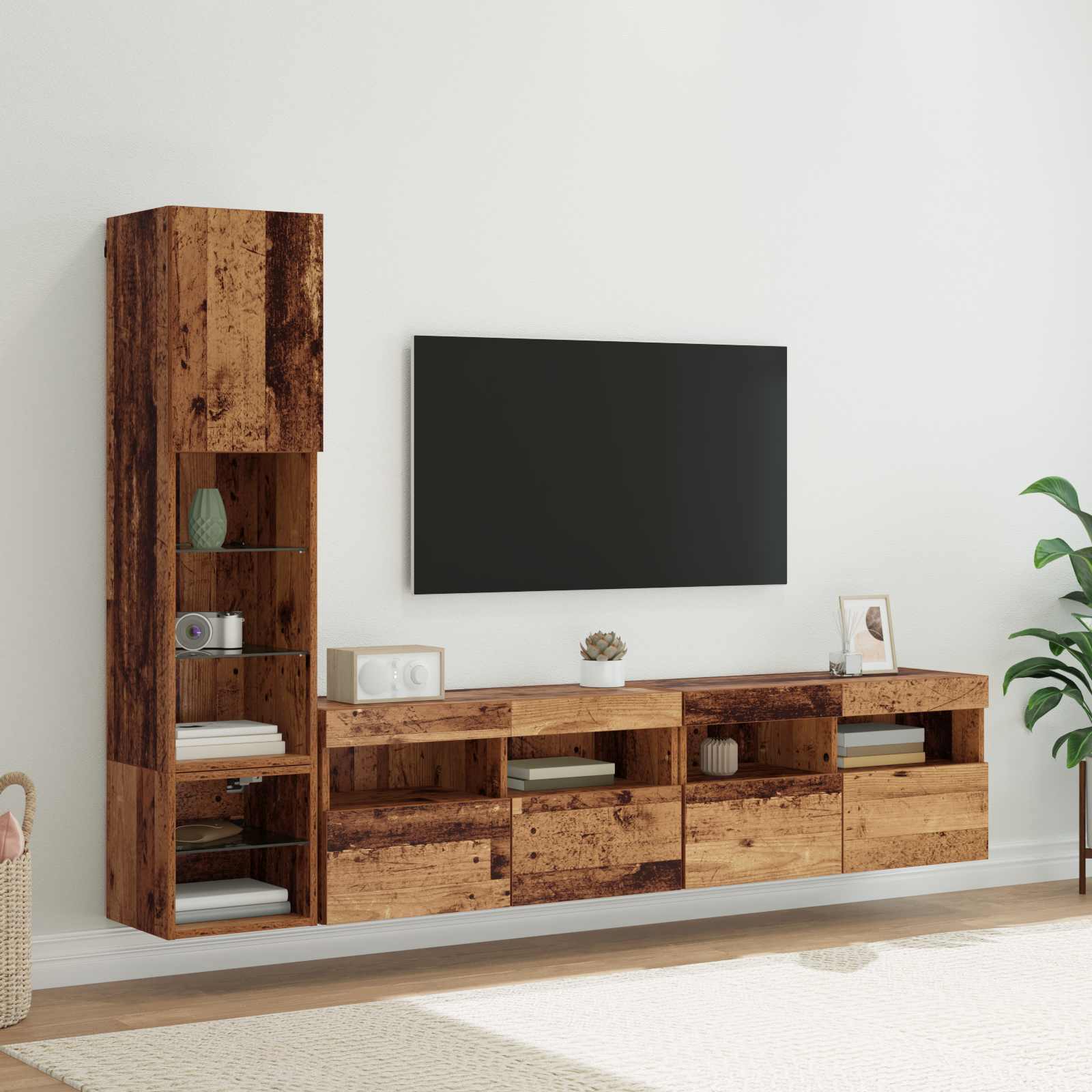 Unité murale de TV 4 pc Bois ancien Bois d'ingénierie