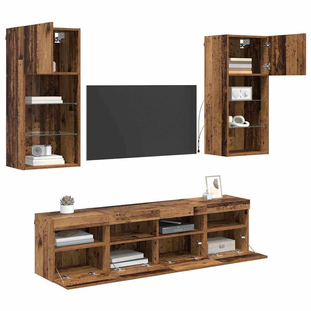 Unités murales TV avec LED 5 pc Bois Ancien Bois d'ingénierie