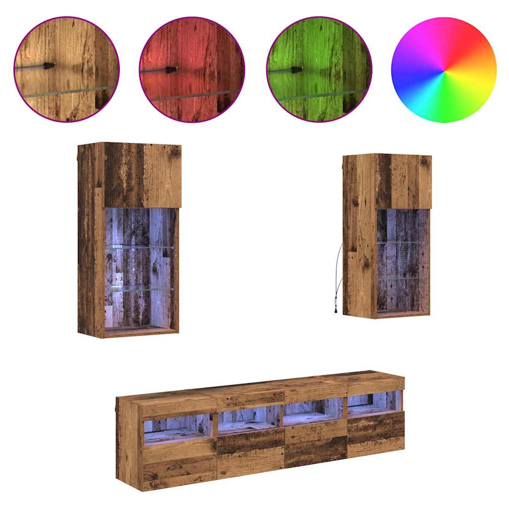 Unités murales TV avec LED 5 pc Bois Ancien Bois d'ingénierie