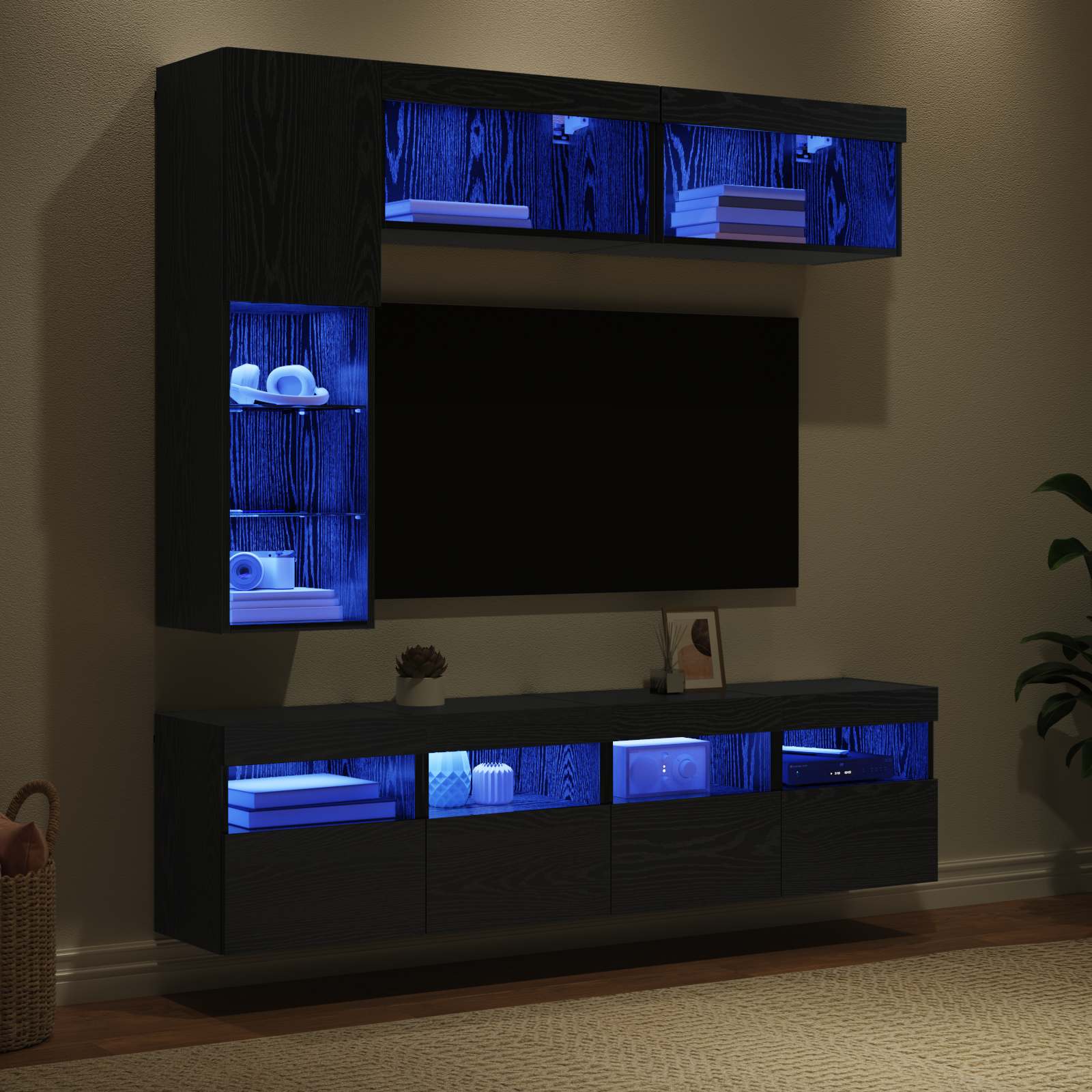 Meuble TV 7 pc Chêne noir Bois d'ingénierie