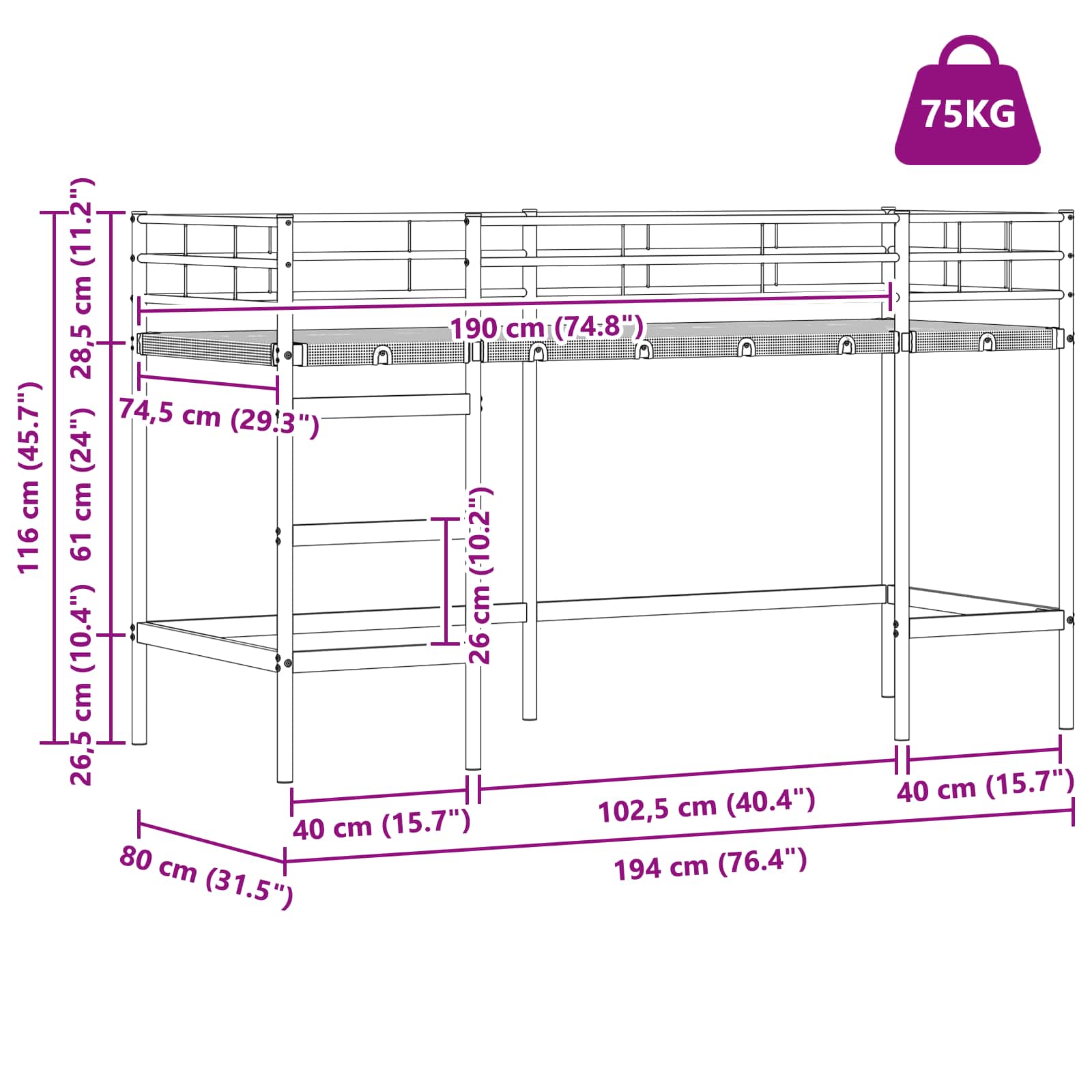 Lit mezzanine pour enfants Noir 75 x 190 cm - XIOS