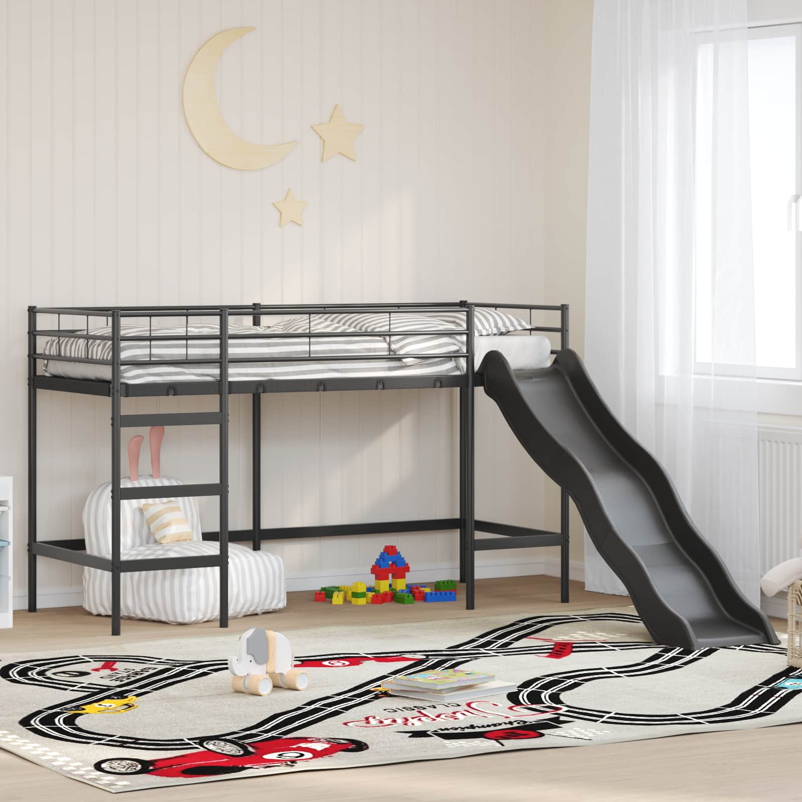 Lit superposé pour enfants avec toboggan Noir et anthracite - XIOS