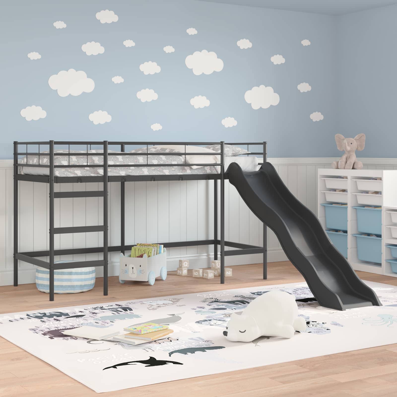 Lit superposé pour enfants avec toboggan Noir et anthracite - XIOS
