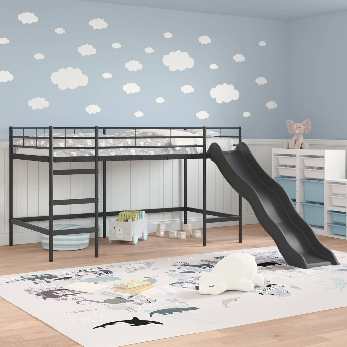 Lit superposé pour enfants avec toboggan Uni Noir et anthracite