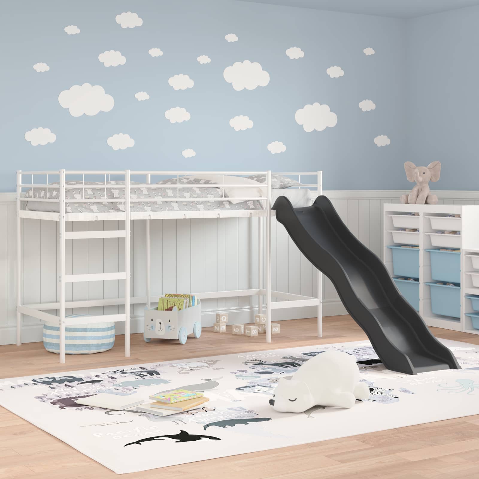 Lit superposé pour enfants avec toboggan Blanc et anthracite - XIOS
