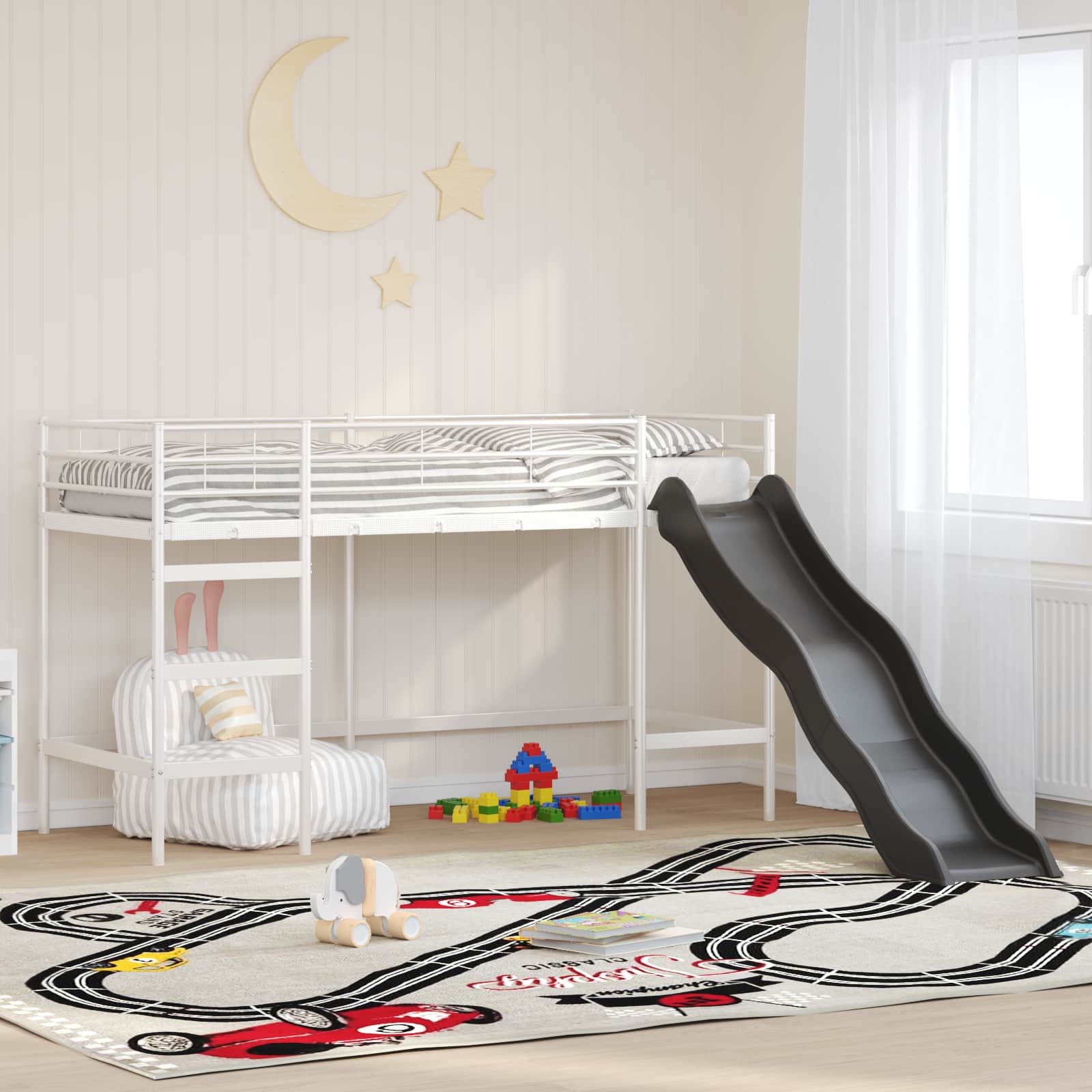 Lit superposé pour enfants avec toboggan Blanc et anthracite - XIOS
