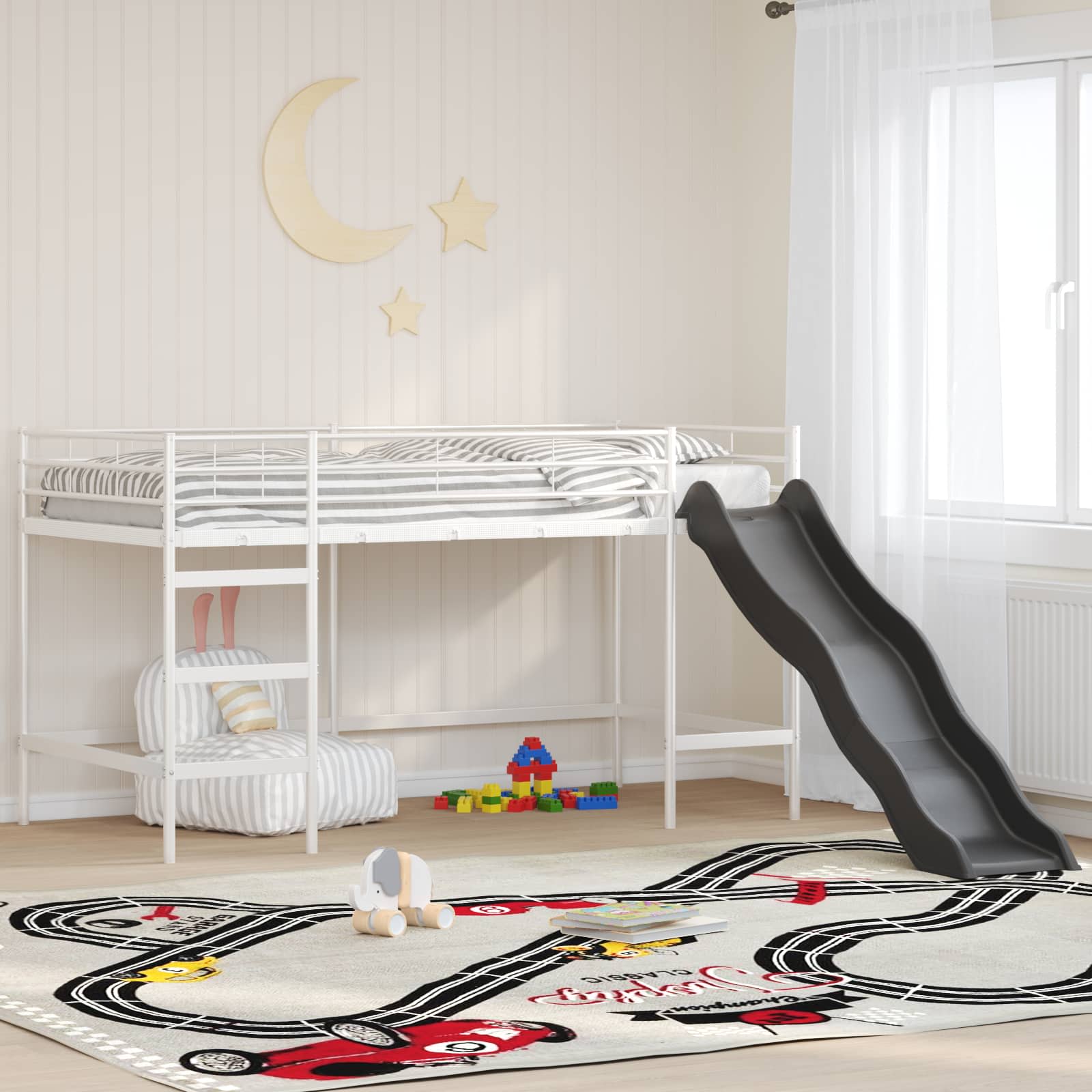 Lit superposé pour enfants avec toboggan Blanc et anthracite - XIOS